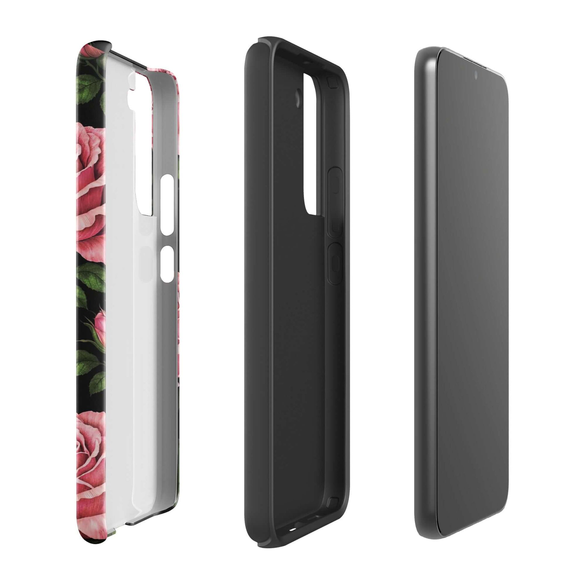Phone Case for Samsung Galaxy with pink rose garden pattern, showing side, back, and front views, black background, tough design.