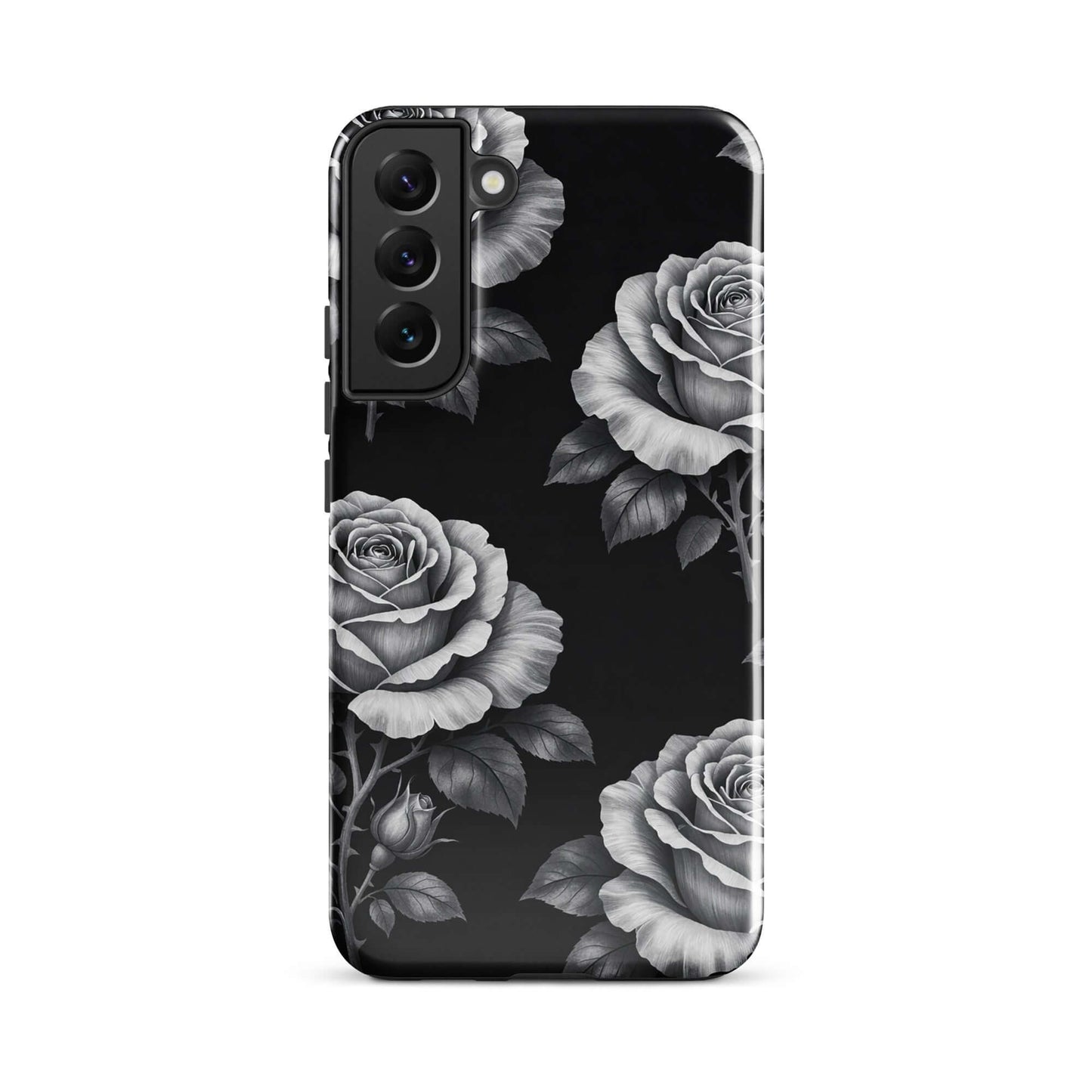 Phone Case for Samsung Galaxy with rose garden design on a black background. Elegant floral pattern featuring hand-sketched roses and leaves.