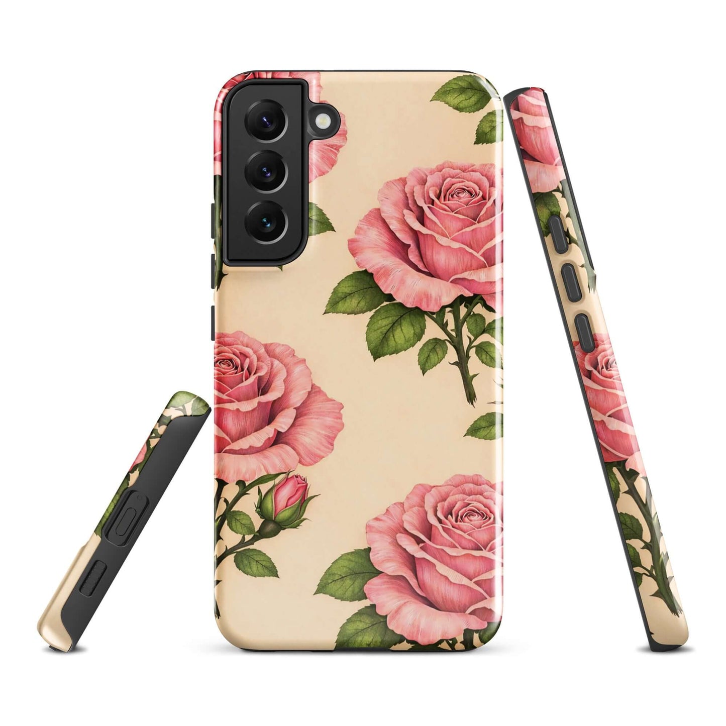 Phone Case for Samsung Galaxy in Pink Rose with Cream Background, featuring floral design and everyday protection.