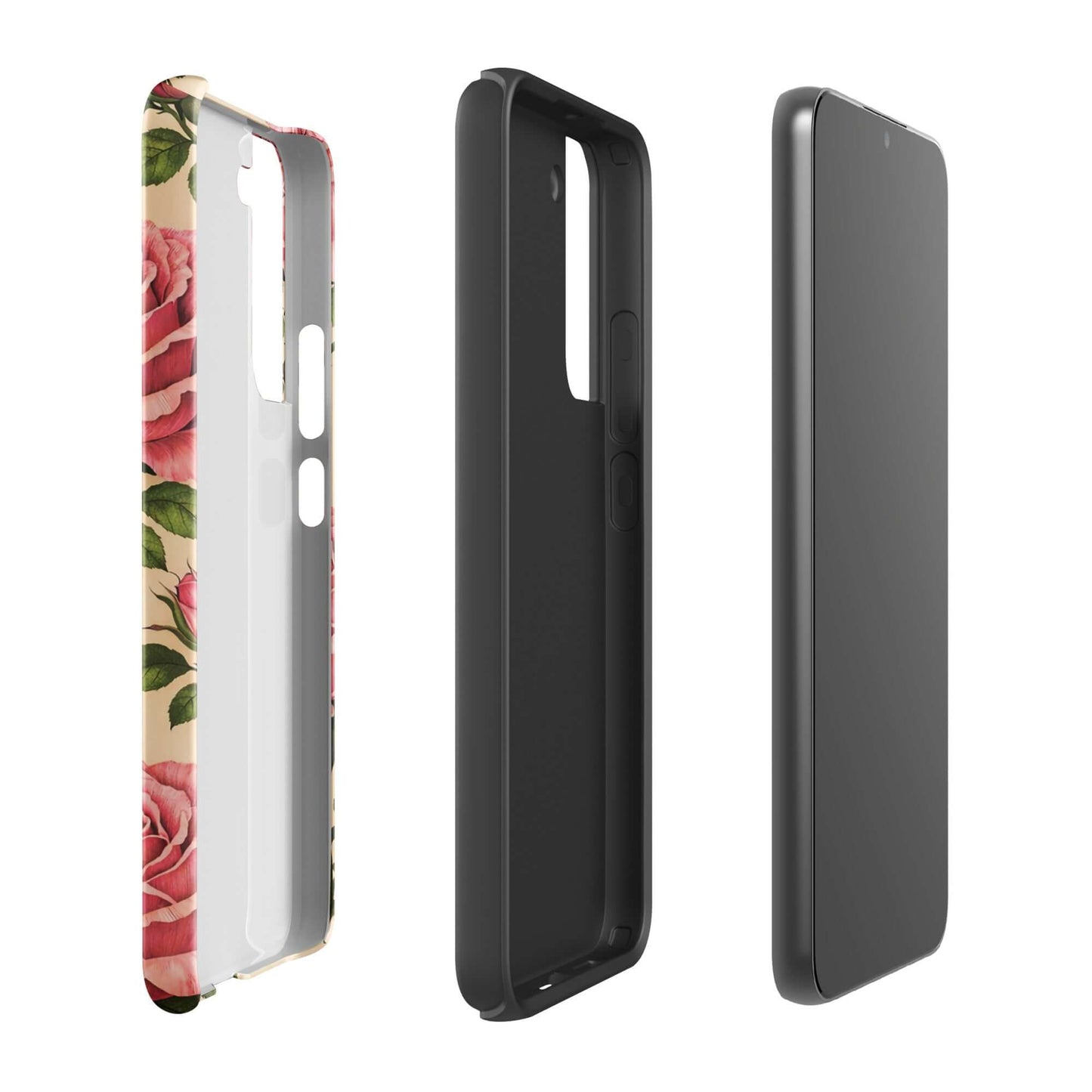 Phone Case for Samsung Galaxy displaying pink roses on cream, shown disassembled to highlight design and protection.