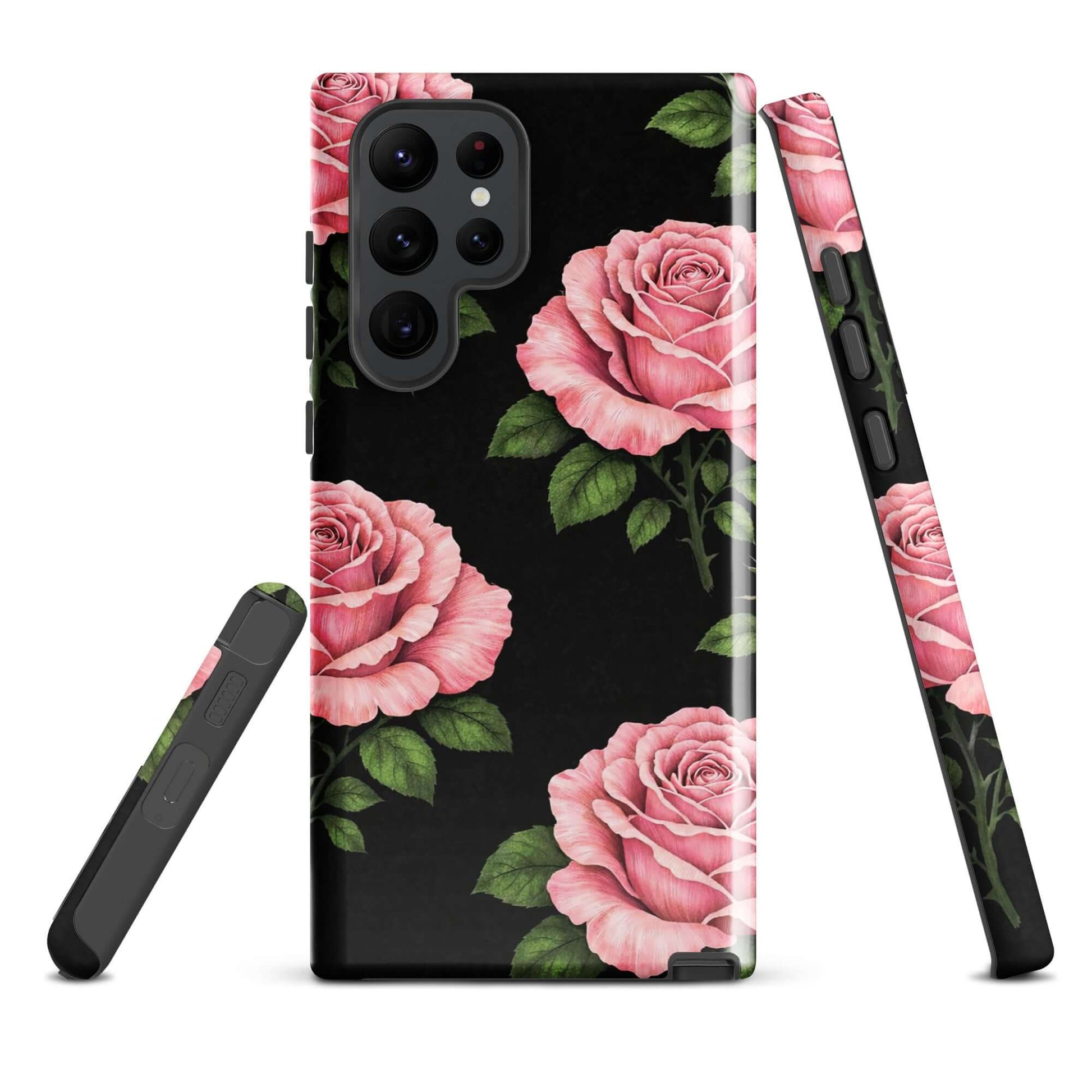 Phone Case for Samsung Galaxy with pink rose garden design on black background, tough and elegant floral protective cover.