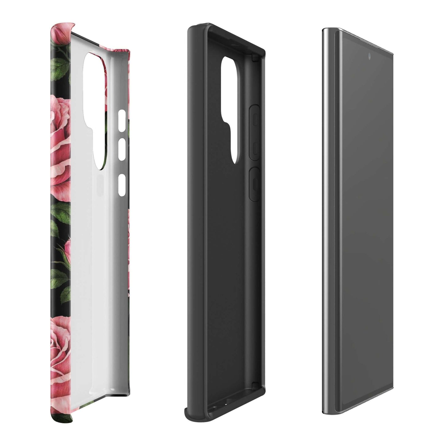 Phone Case for Samsung Galaxy with pink rose garden design, featuring soft pink roses and green leaves on a black background.