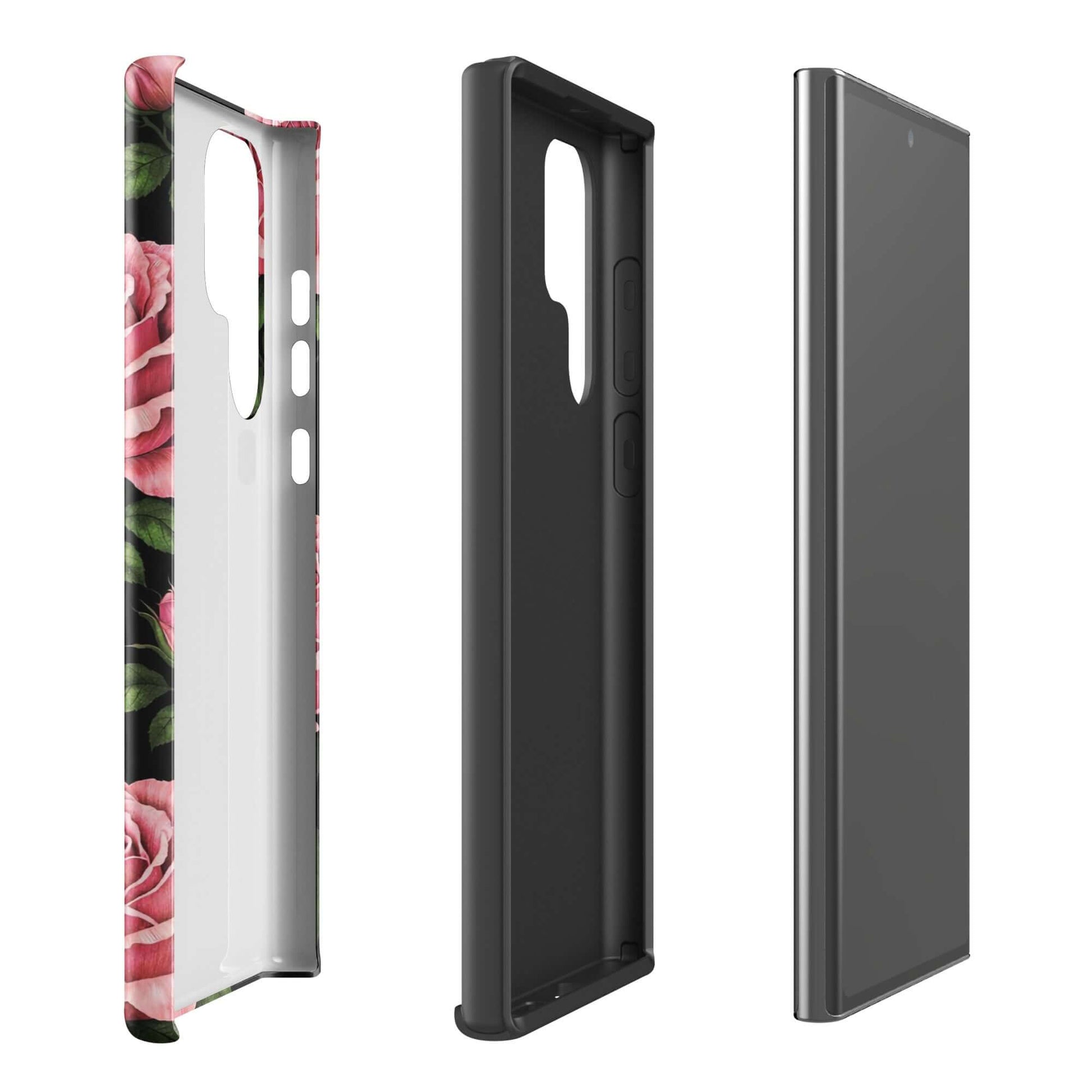 Phone Case for Samsung Galaxy with pink rose garden design, featuring soft pink roses and green leaves on a black background.