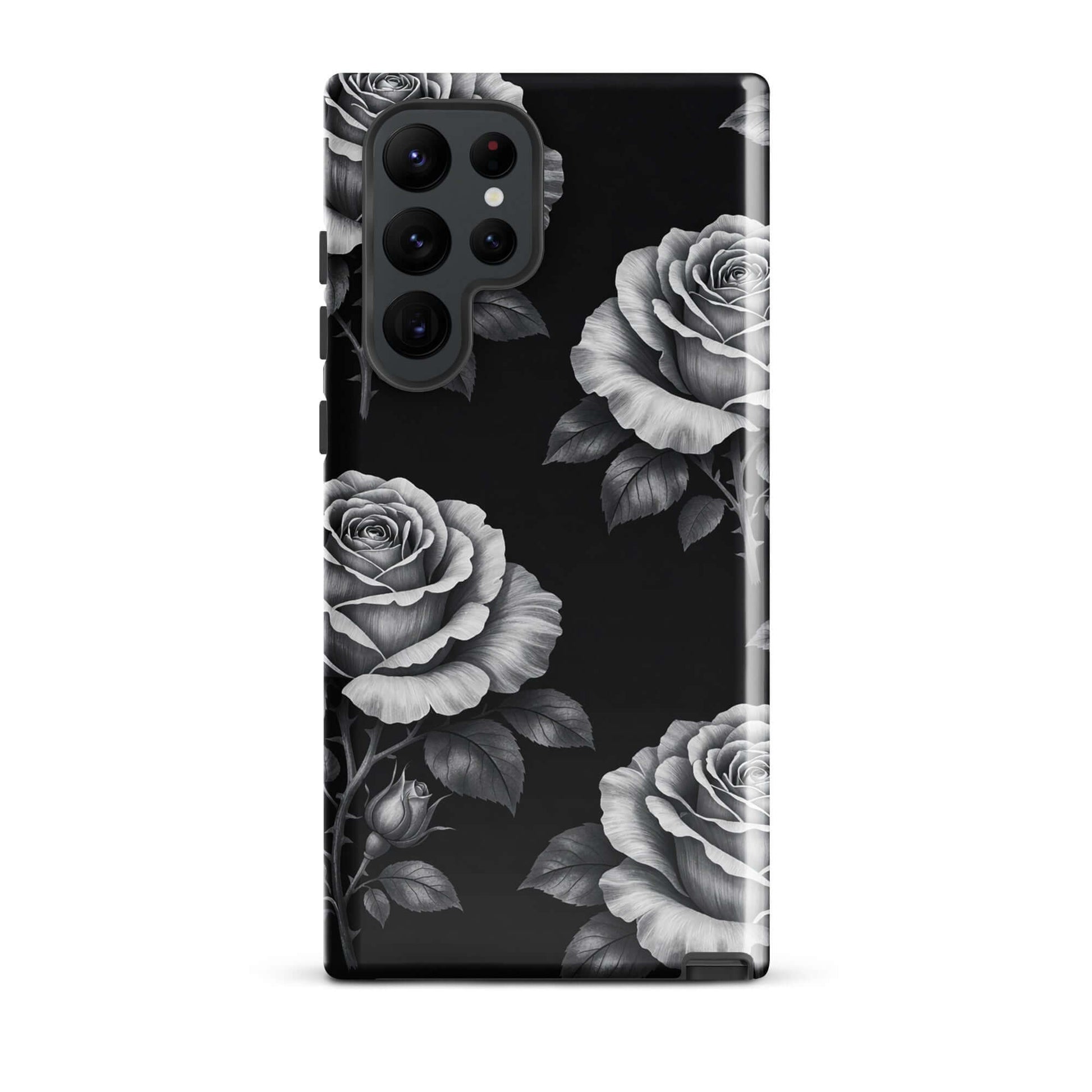 Phone Case for Samsung Galaxy featuring rose garden design with hand-sketched roses and leaves on black background, floral tough case.