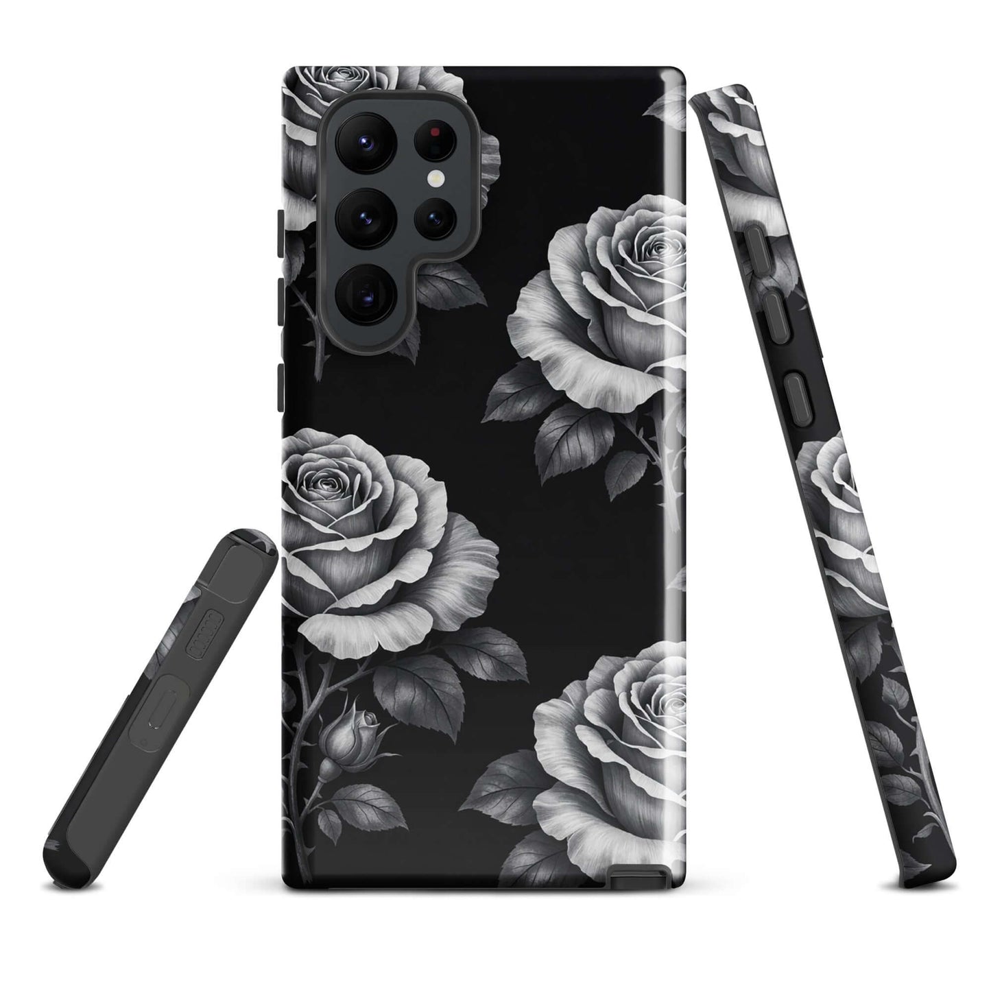 Phone Case for Samsung Galaxy: Rose Garden Tough Case with black background and pencil-sketch style roses, offering floral elegance.