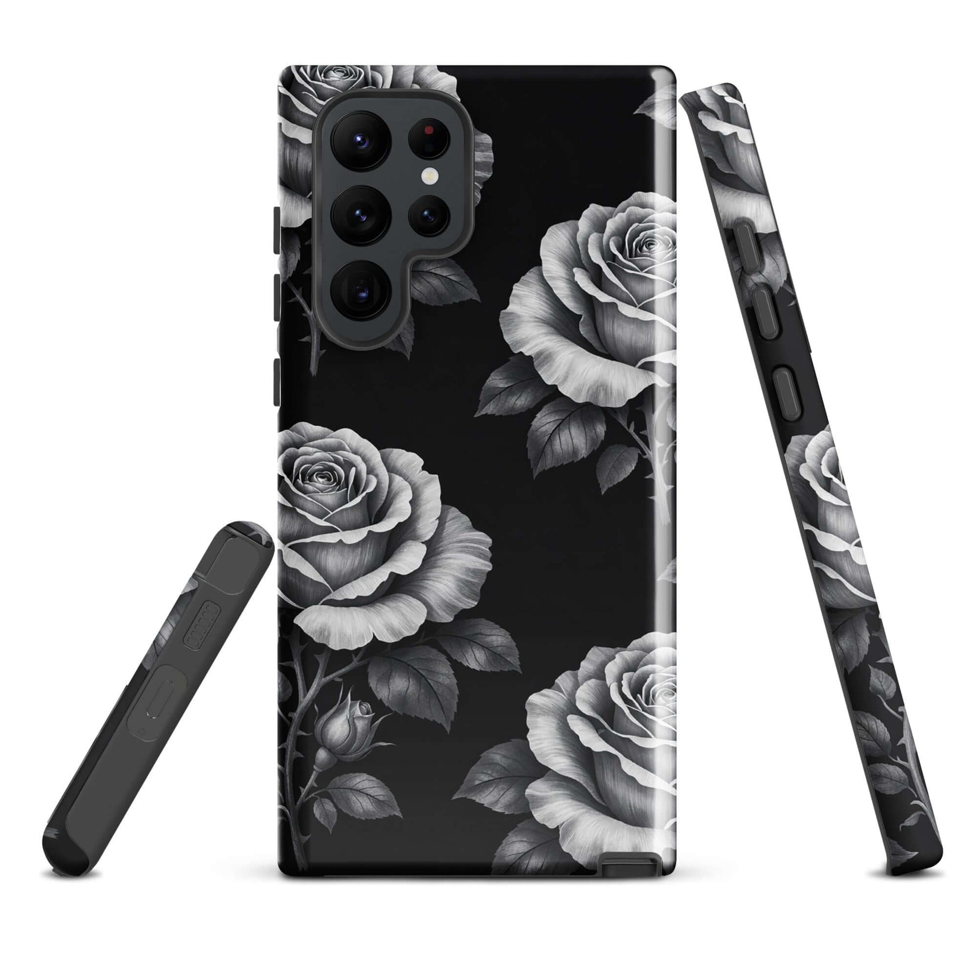 Phone Case for Samsung Galaxy: Rose Garden Tough Case with black background and pencil-sketch style roses, offering floral elegance.