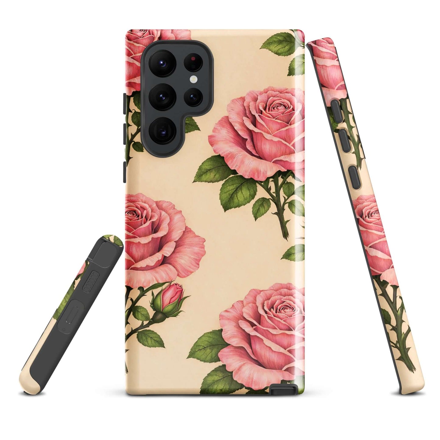 Phone Case for Samsung Galaxy with pink roses and cream background, combining floral beauty with protection.