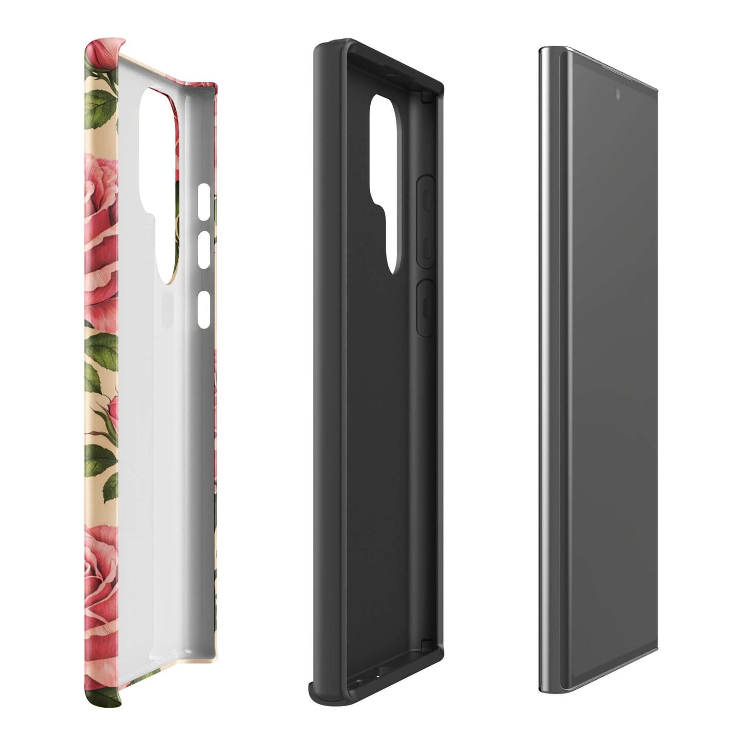 Phone Case with pink roses on cream background for Samsung Galaxy, showcasing protective sides and elegant design, front and side view.