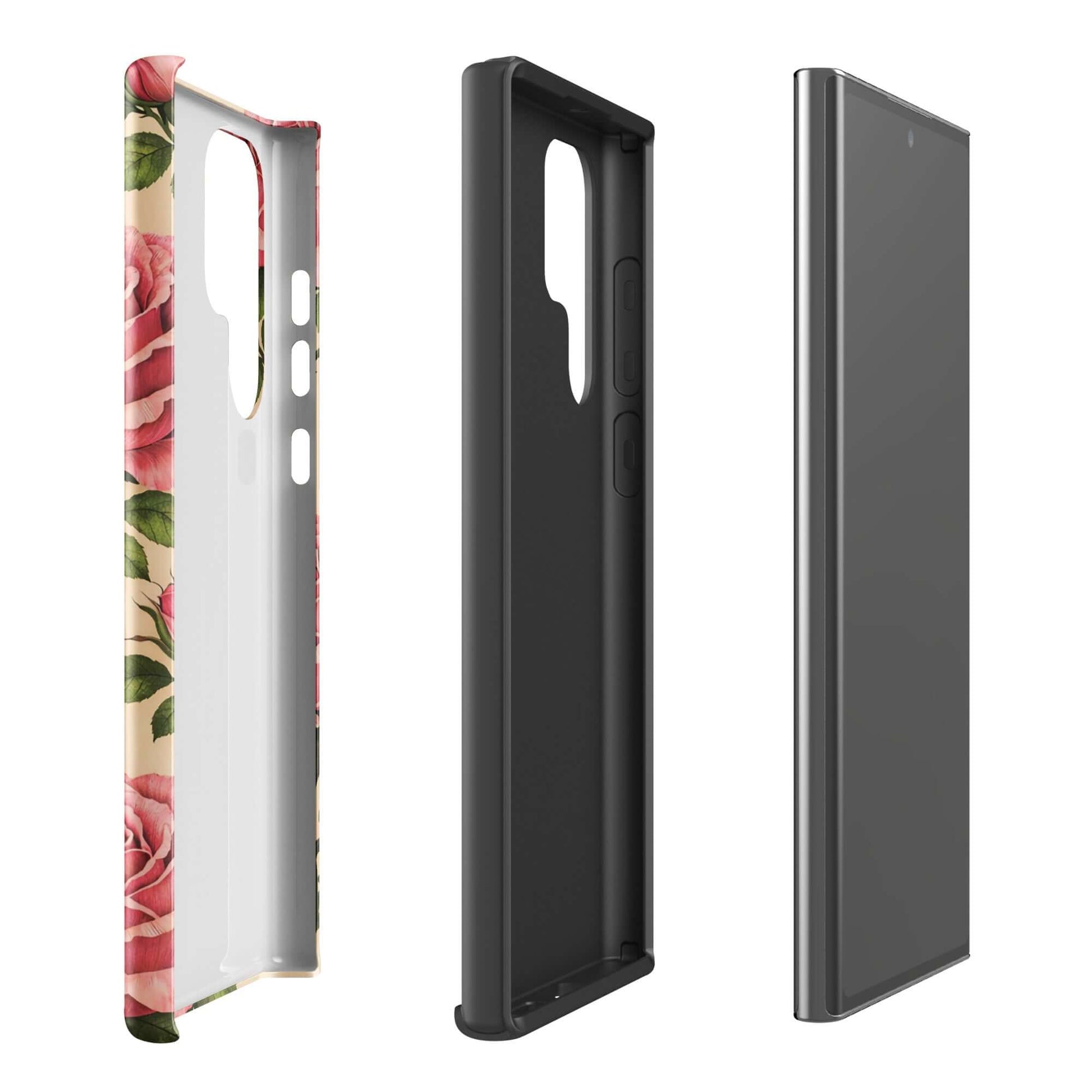 Phone Case with pink roses on cream background for Samsung Galaxy, showcasing protective sides and elegant design, front and side view.