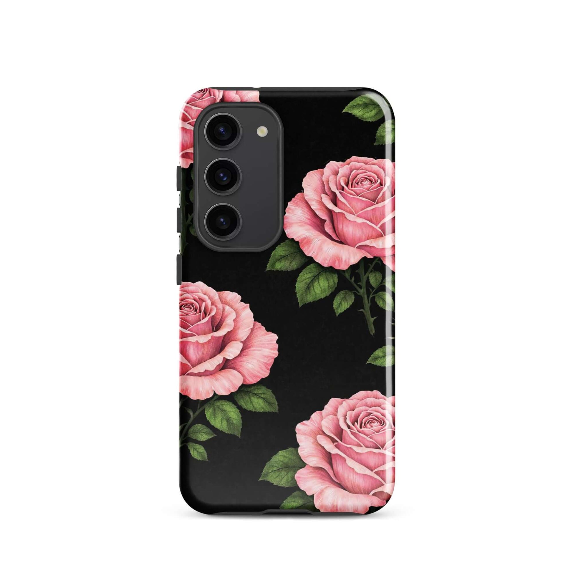 Phone Case for Samsung Galaxy featuring pink roses and green leaves on a black background, offering floral charm and elegance.