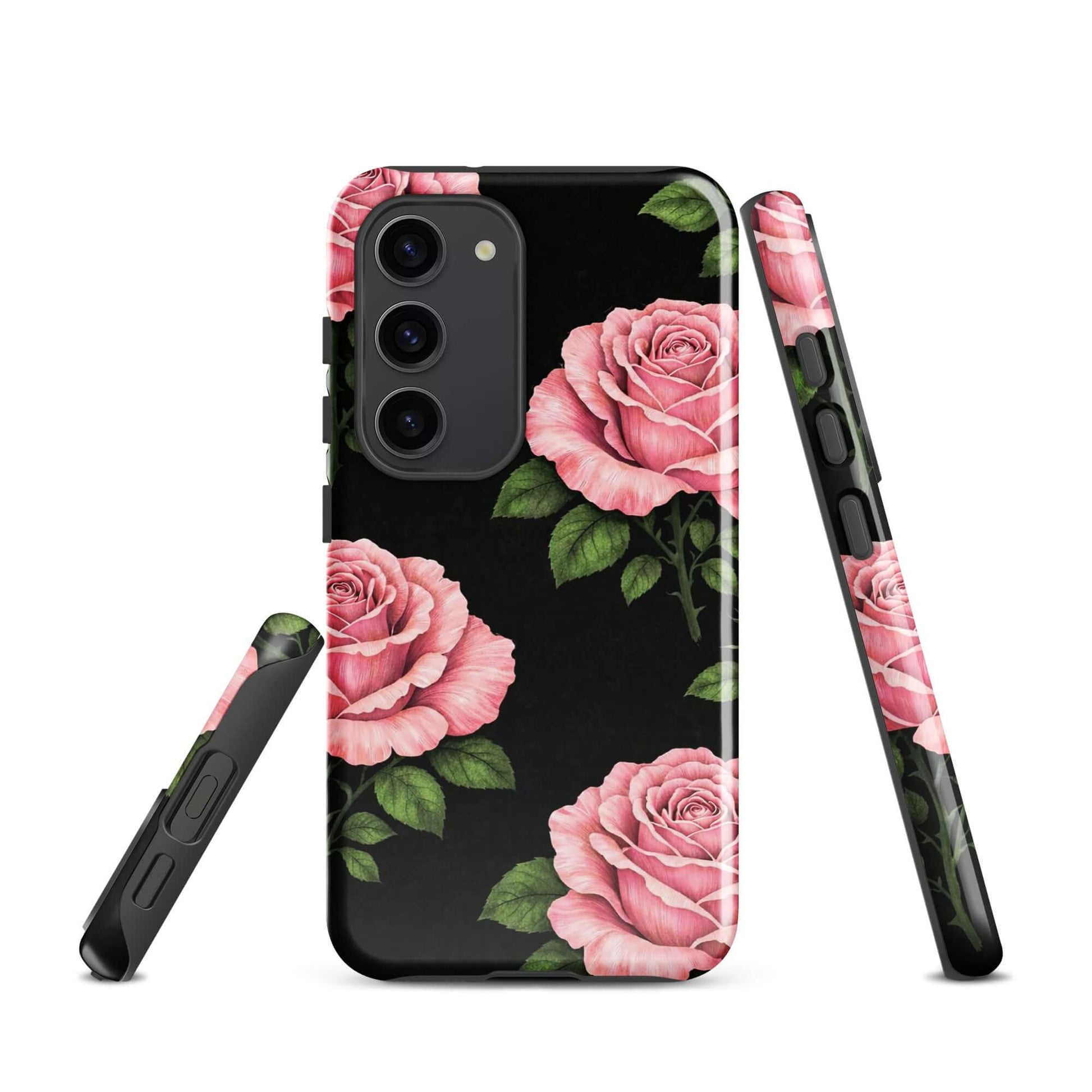 Phone Case for Samsung Galaxy with pink rose garden design on black background, showcasing floral charm and protective style.