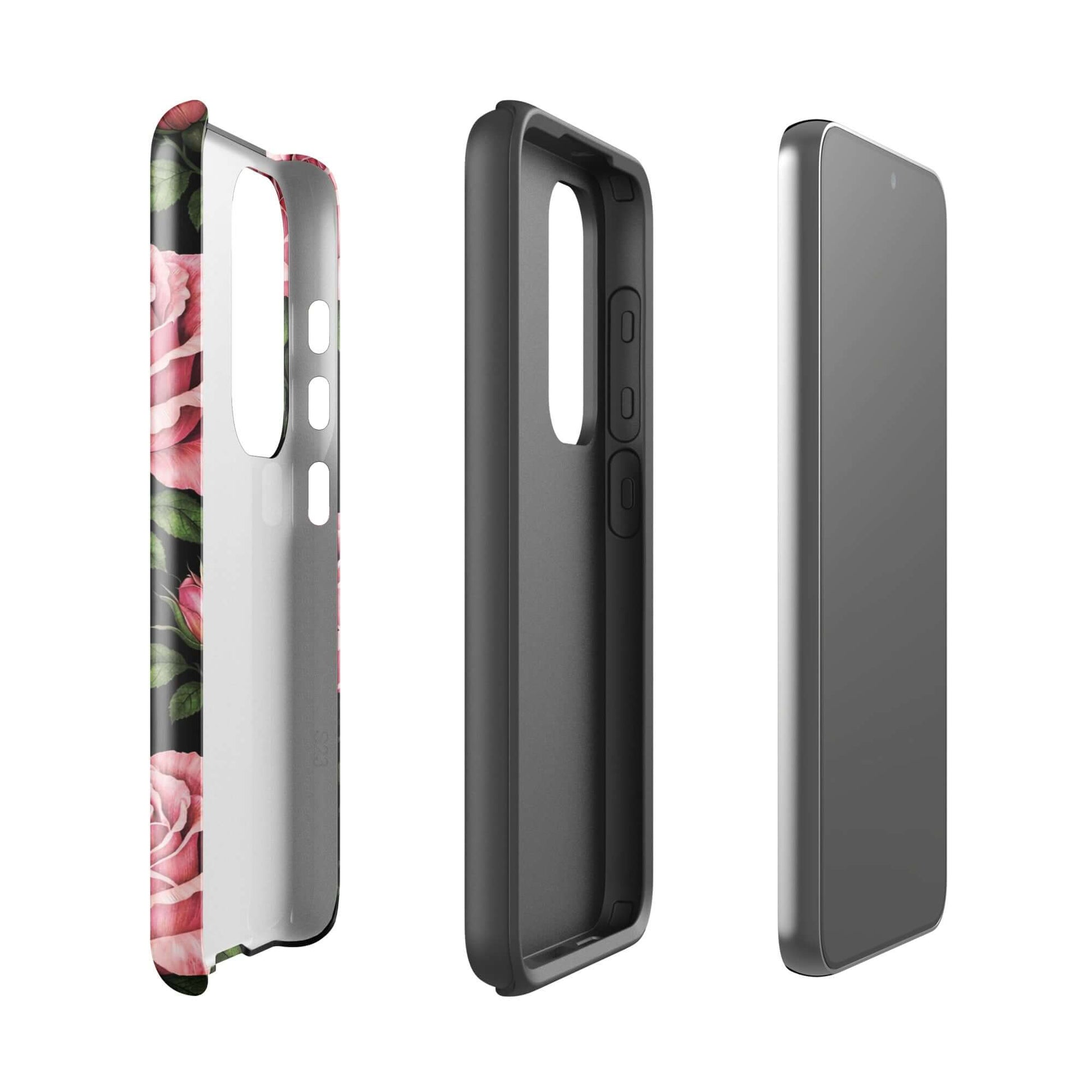 Phone Case for Samsung Galaxy with pink rose garden design, featuring hand-sketched roses and green leaves against a black background.