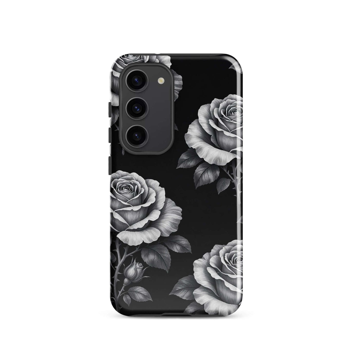 Phone Case for Samsung Galaxy with rose garden design featuring hand-sketched roses and leaves on black background.