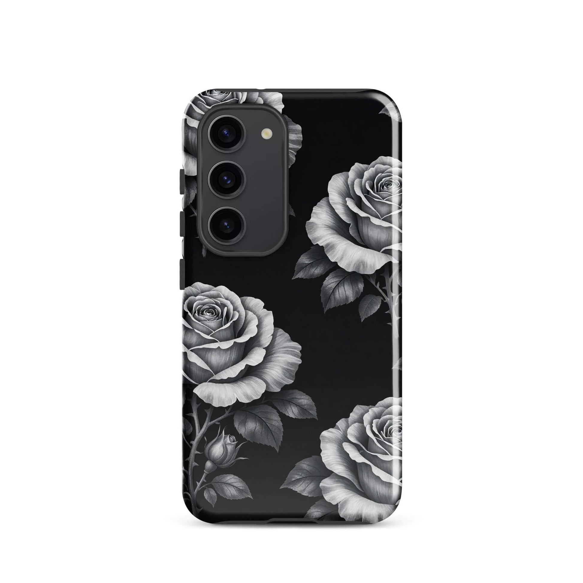 Phone Case for Samsung Galaxy with rose garden design featuring hand-sketched roses and leaves on black background.