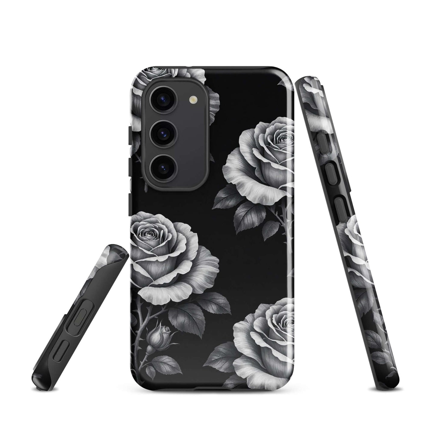 Phone Case for Samsung Galaxy with rose garden design on black background, featuring elegant hand-sketched floral pattern.