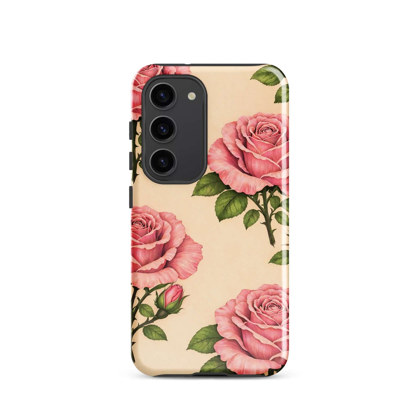 Phone Case for Samsung Galaxy with pink rose design on a warm cream background.