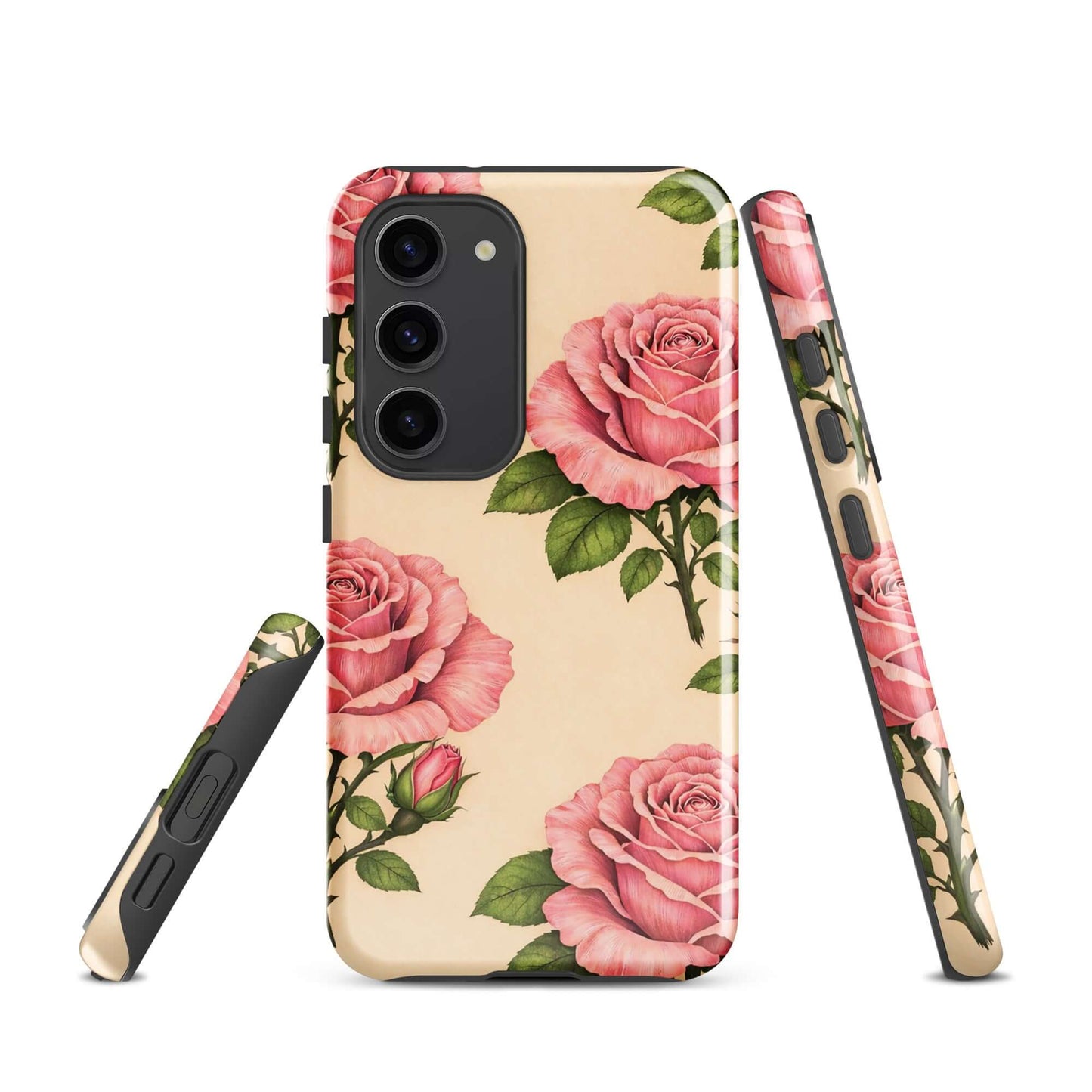 Phone Case for Samsung Galaxy: Pink roses with green leaves on a warm cream background. Elegant floral design for style and protection.
