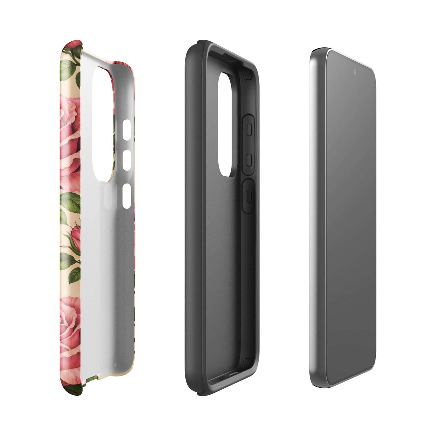 Phone Case for Samsung Galaxy with pink rose design on warm cream background, showcasing floral elegance and protection in three views
