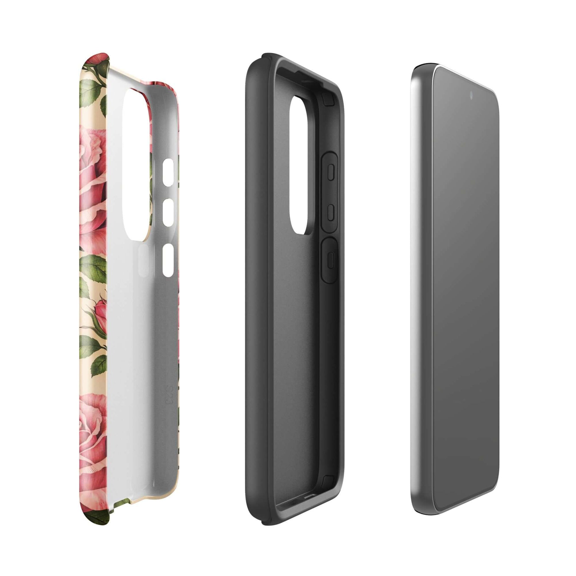 Phone Case for Samsung Galaxy with pink rose design on warm cream background, showcasing floral elegance and protection in three views