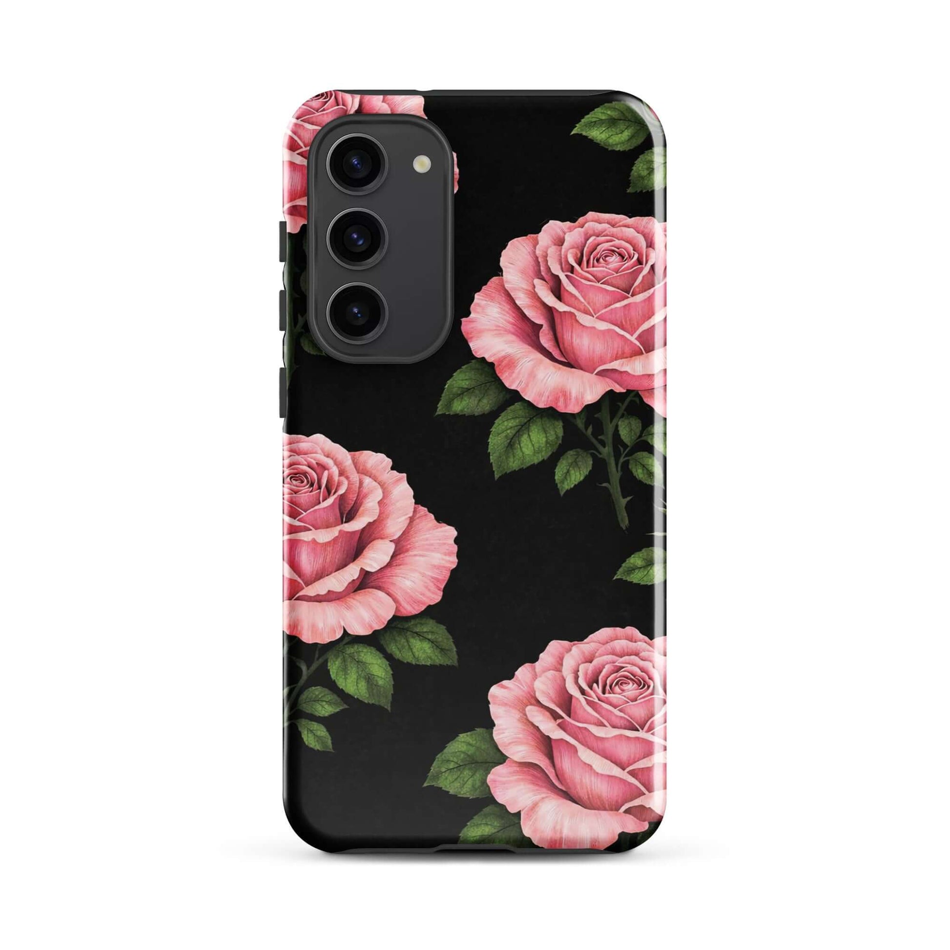 Phone Case for Samsung Galaxy with pink rose garden design on black background with green leaves.