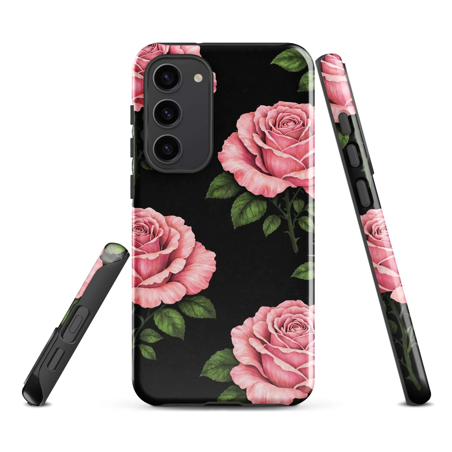 Phone Case for Samsung Galaxy in pink rose garden design with lush floral pattern on black background.