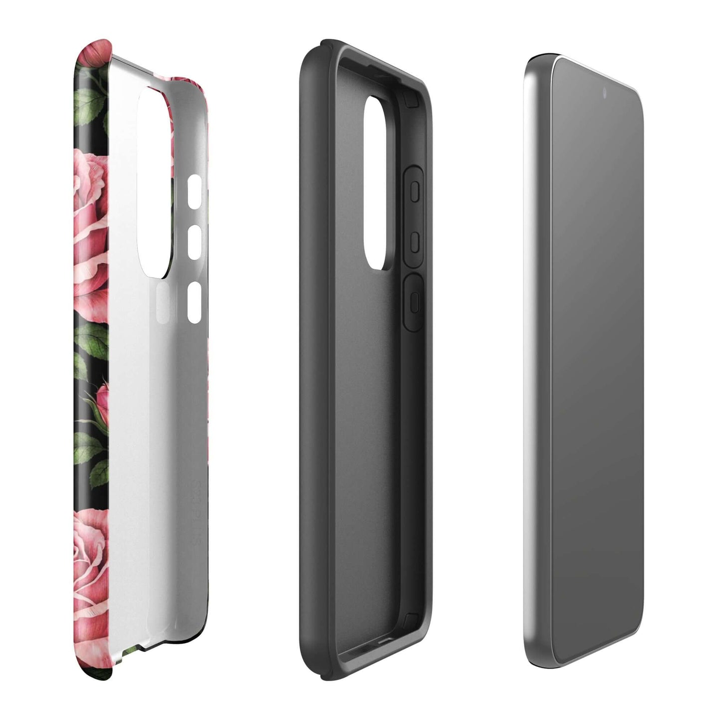 Phone Case for Samsung Galaxy with pink rose garden design, featuring soft pink roses and green leaves on a black background.