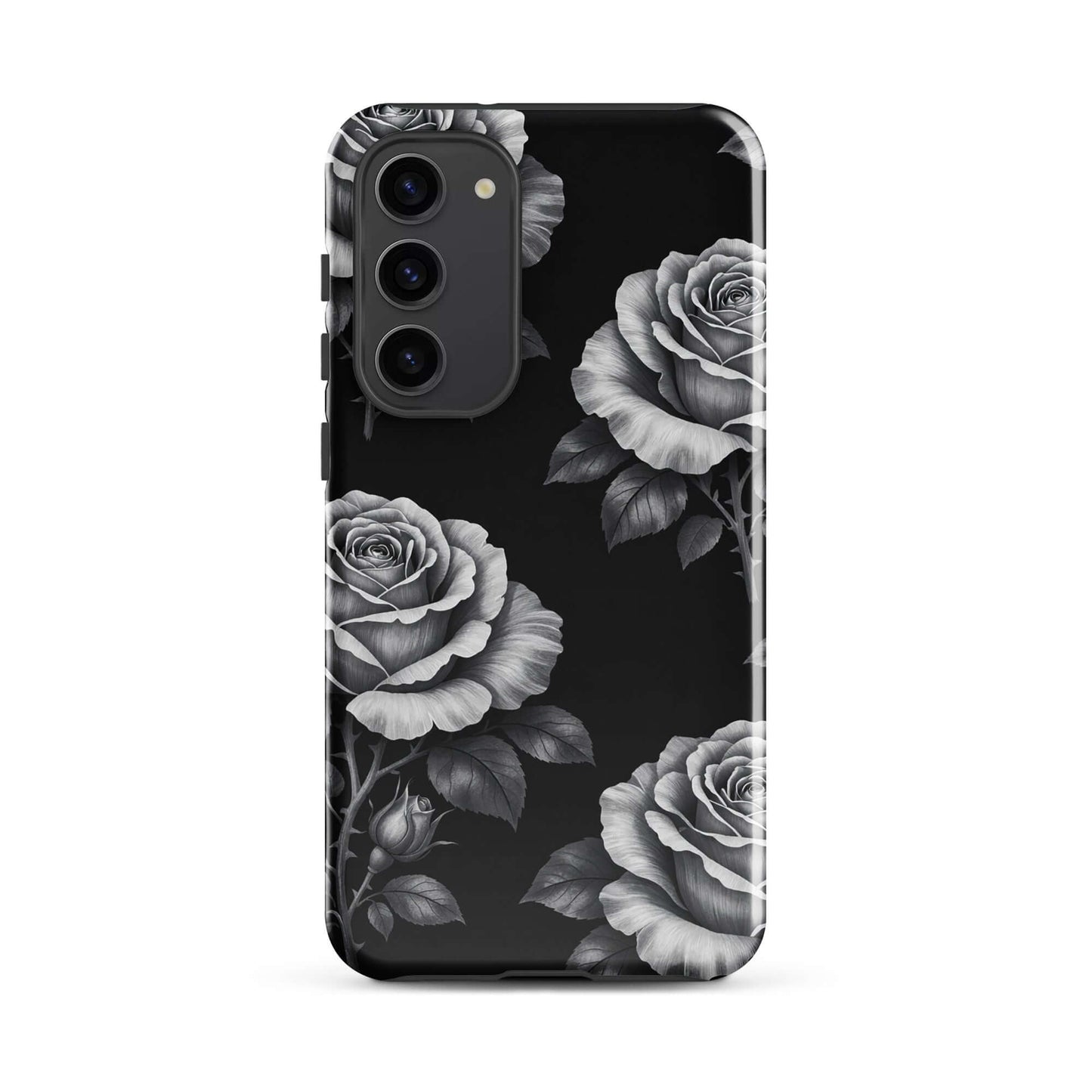 Phone Case for Samsung Galaxy with rose garden design on black background, featuring hand-sketched roses and leaves for a stylish look.