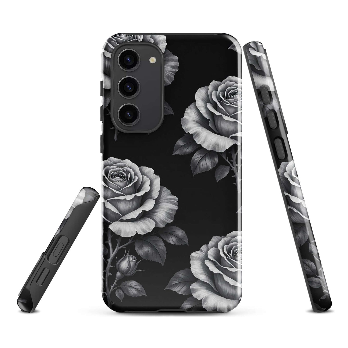 Phone Case with hand-sketched rose design for Samsung Galaxy featuring black background and elegant floral pattern.