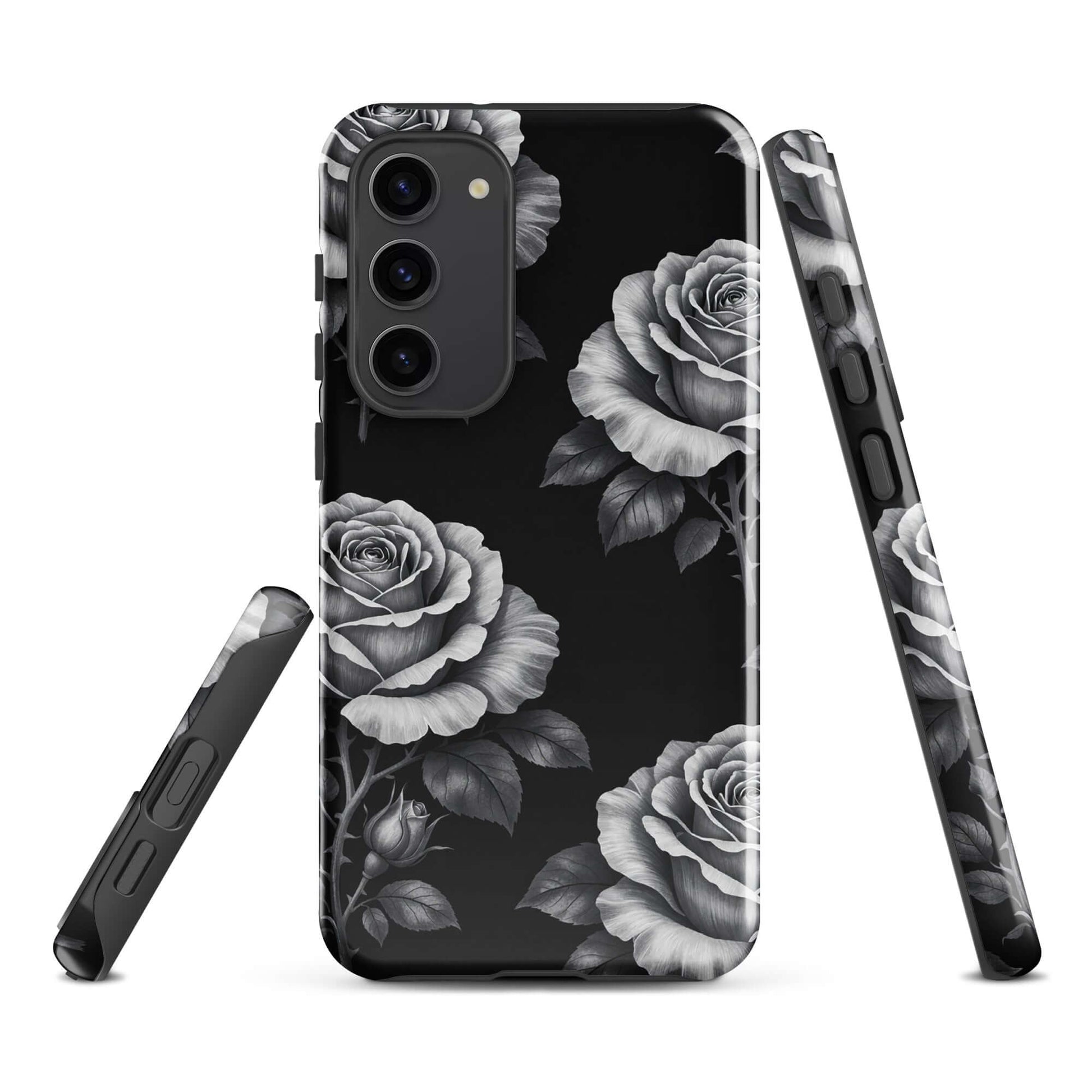 Phone Case with hand-sketched rose design for Samsung Galaxy featuring black background and elegant floral pattern.