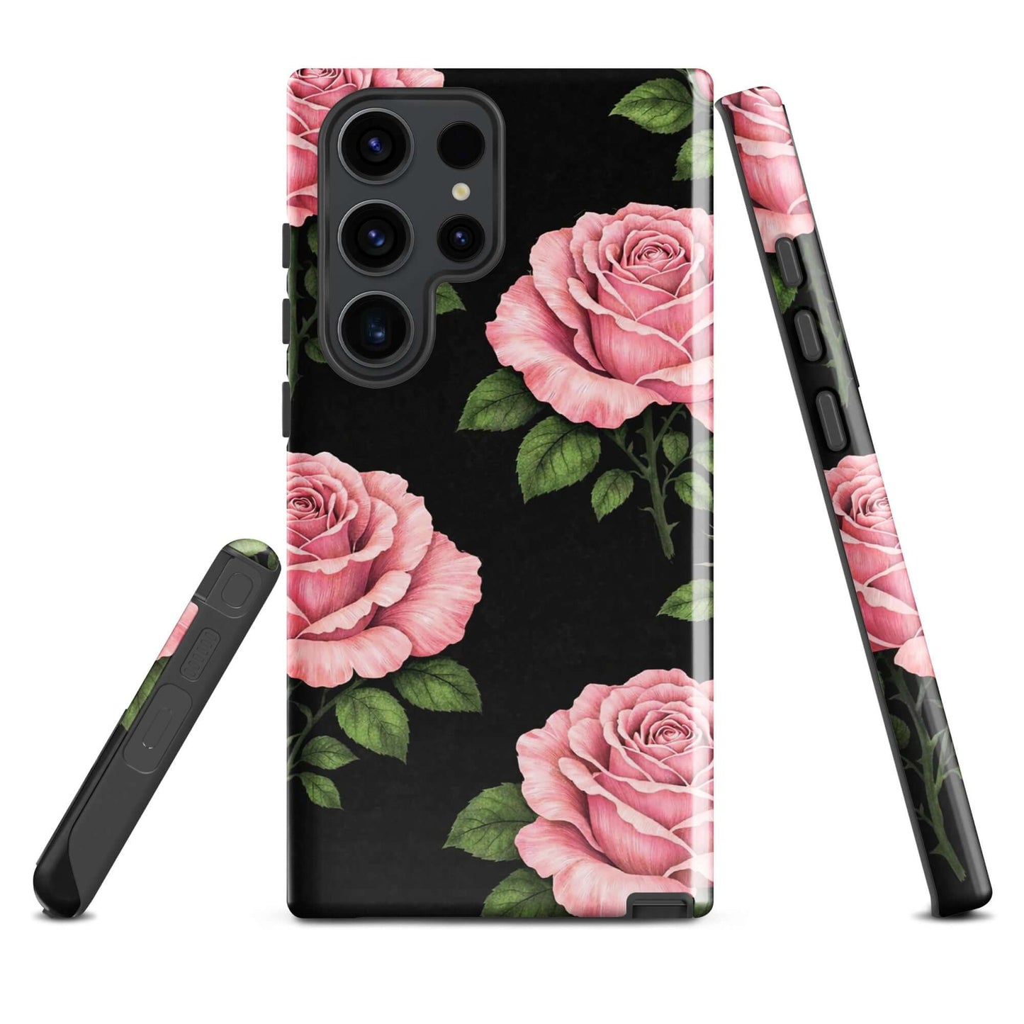 Phone Case for Samsung Galaxy with pink rose floral design on black background, pink rose garden tough case for protection and style.