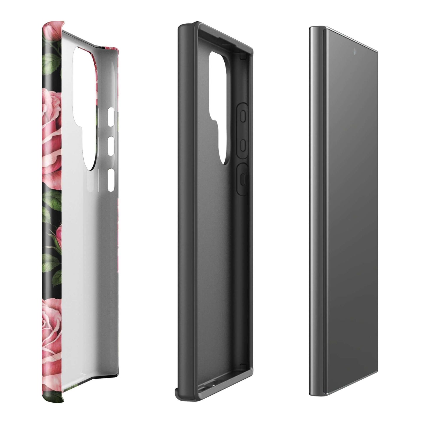 Phone Case for Samsung Galaxy with pink roses and black background, showcasing the sturdy design and floral charm.
