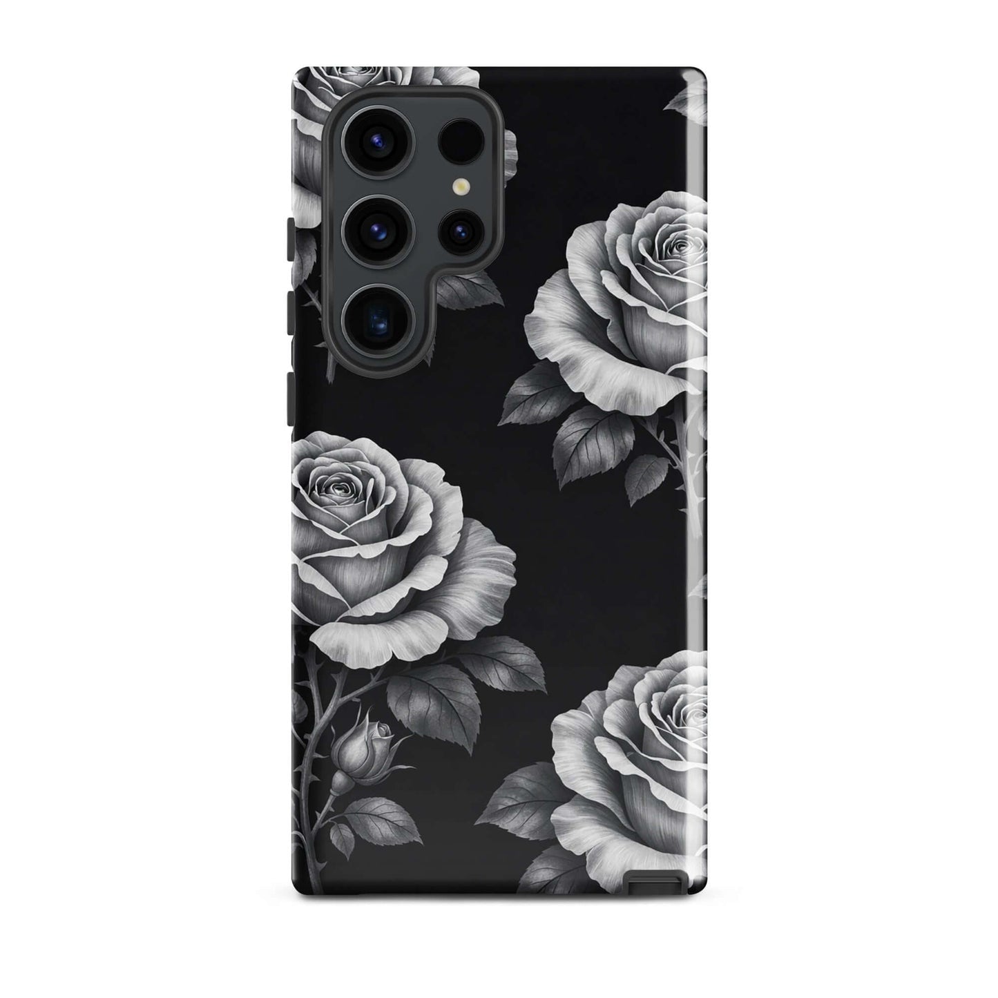 Phone Case for Samsung Galaxy: Rose Garden Tough Case featuring hand-sketched roses and lush leaves on a black background.
