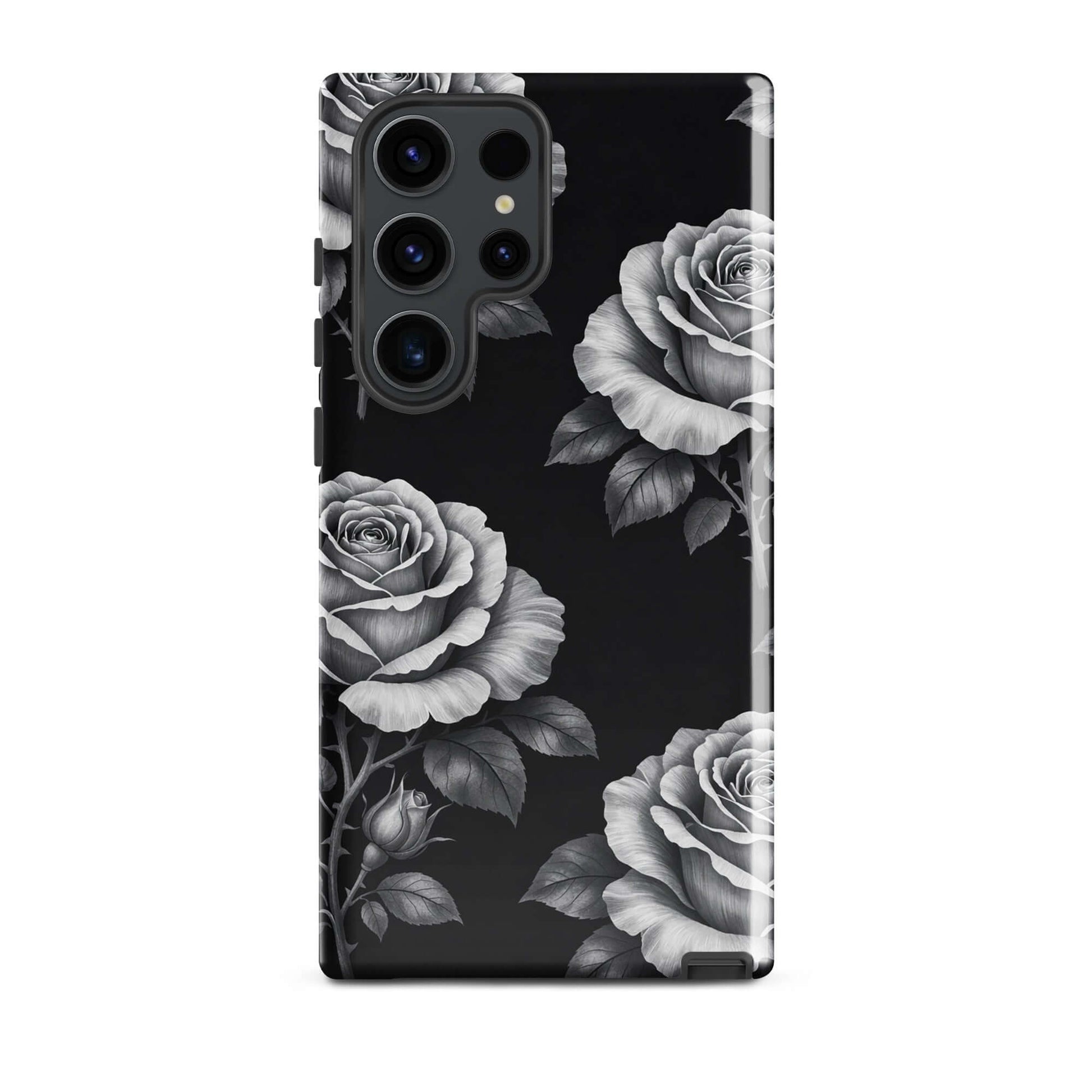 Phone Case for Samsung Galaxy: Rose Garden Tough Case featuring hand-sketched roses and lush leaves on a black background.