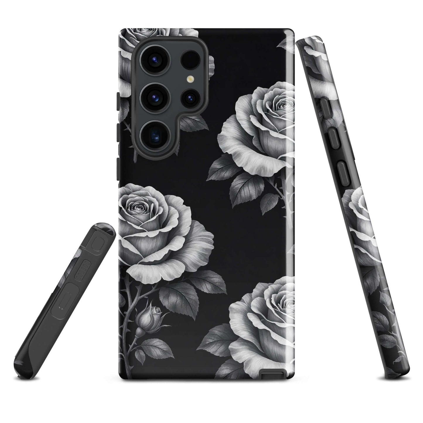 Phone Case for Samsung Galaxy with pencil-sketch roses on a black background, offering floral charm and protection in a stylish design.