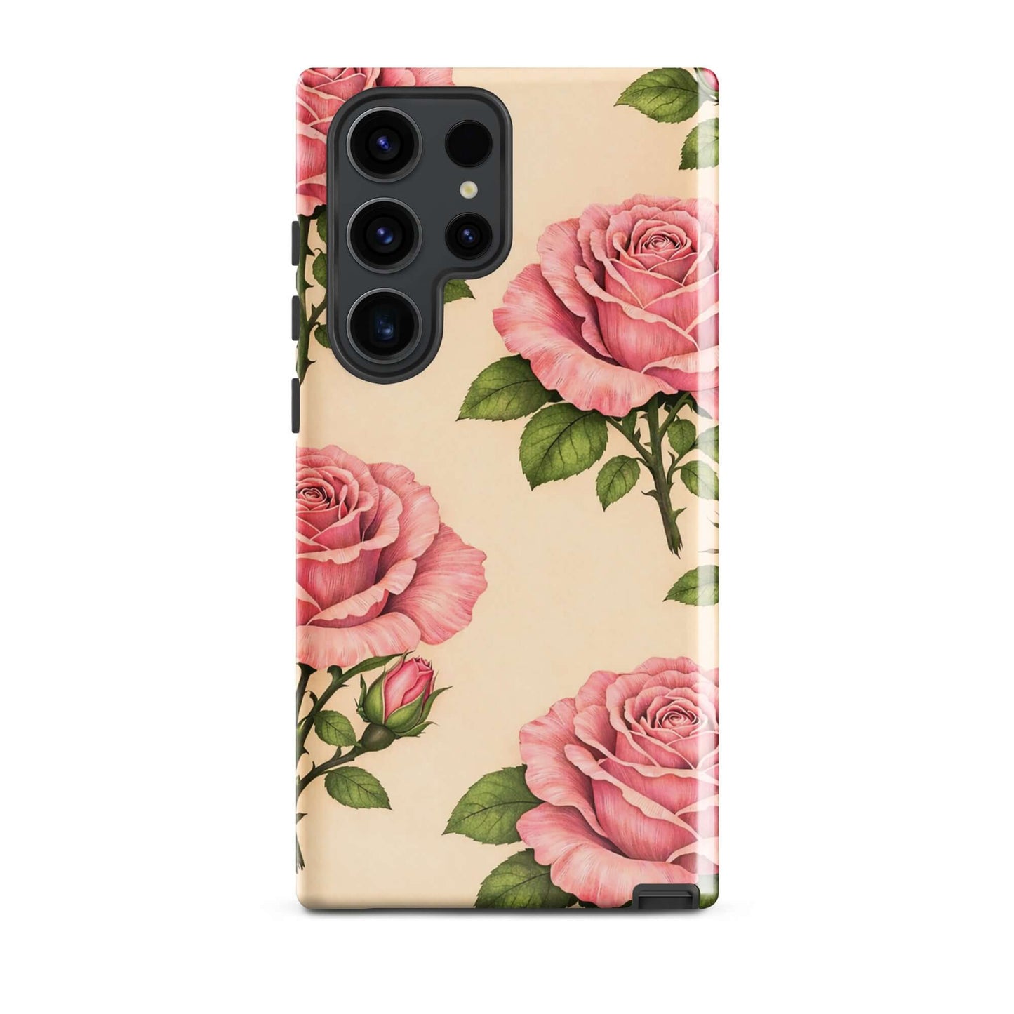 Phone Case for Samsung Galaxy with pink roses on cream background, offering floral elegance and protection.
