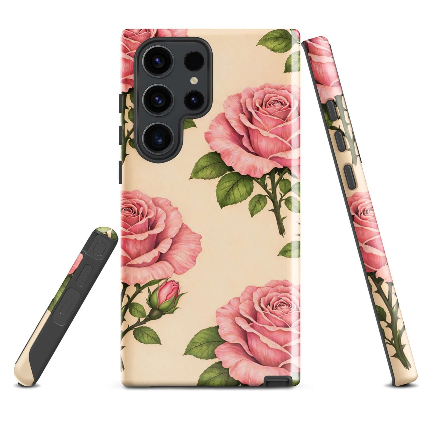 Phone Case for Samsung Galaxy with pink roses on a cream background, offering stylish protection with floral elegance.