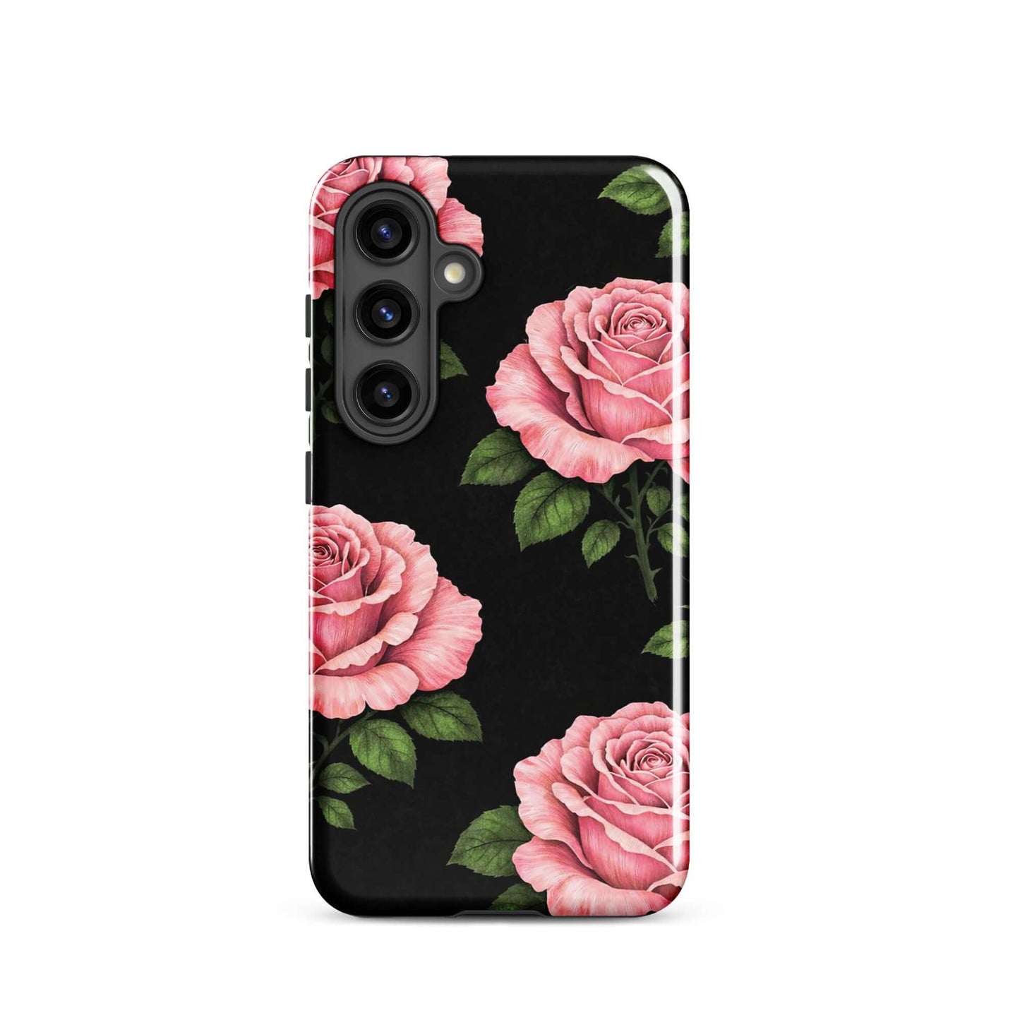 Phone Case for Samsung Galaxy with pink rose garden design on black background, featuring elegant hand-sketched flowers and green leaves.
