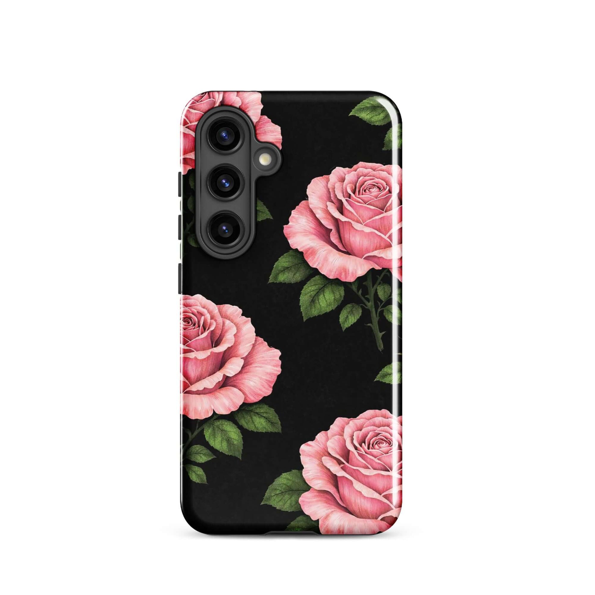 Phone Case for Samsung Galaxy with pink rose garden design on black background, featuring elegant hand-sketched flowers and green leaves.