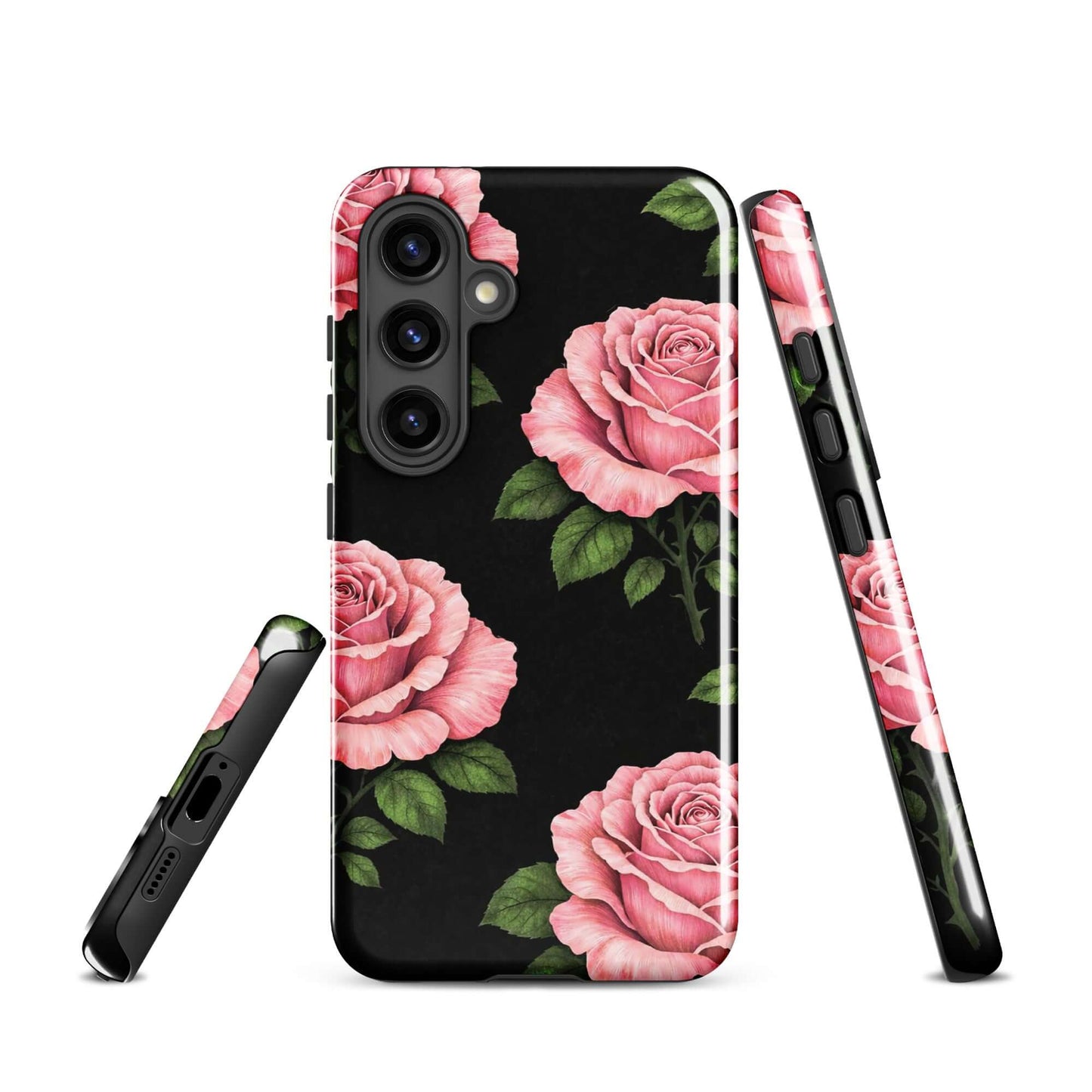 Phone Case for Samsung Galaxy with pink rose garden design on a black background