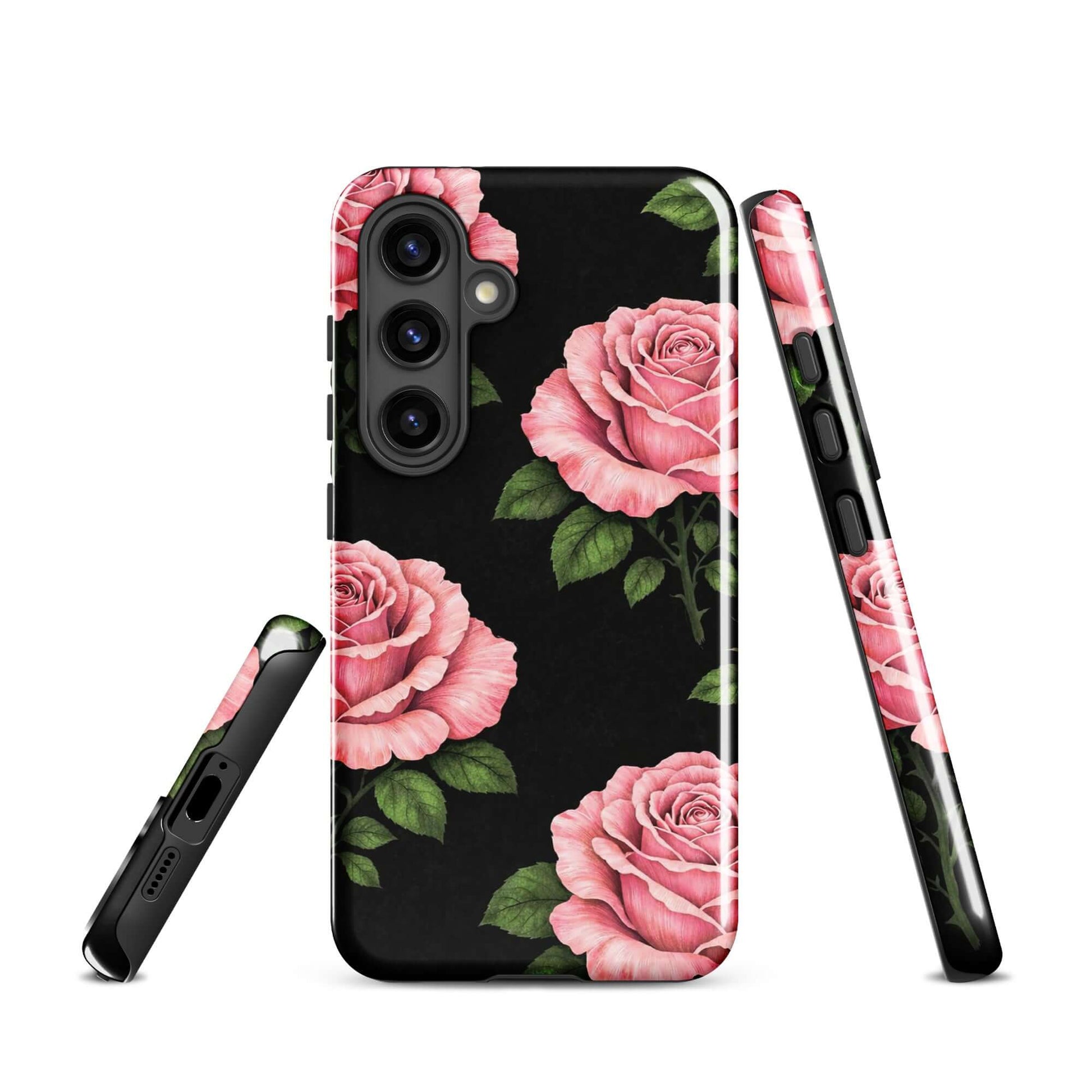 Phone Case for Samsung Galaxy with pink rose garden design on a black background