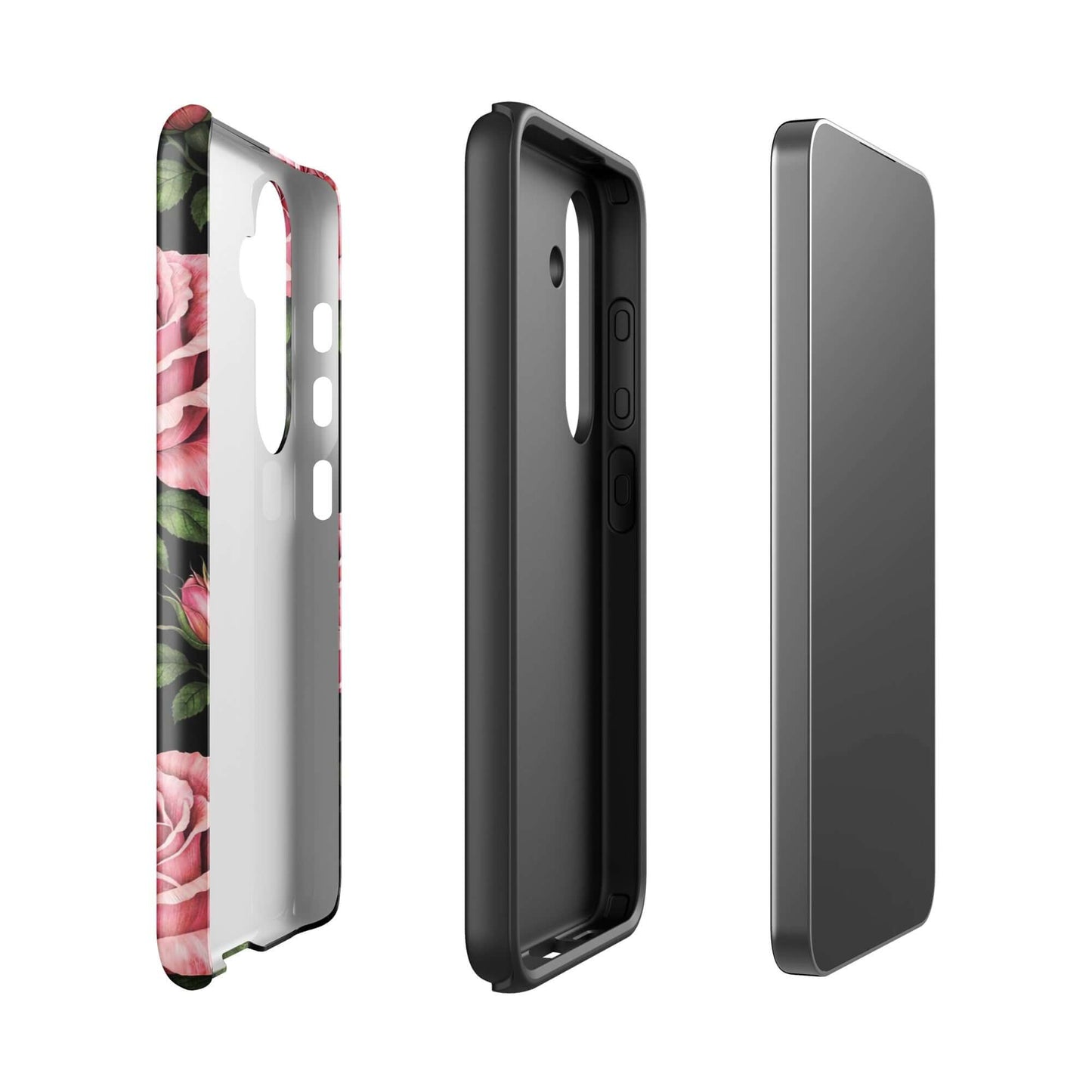 Phone Case for Samsung Galaxy featuring pink rose garden design on a black background, showing durability and style in a tough case.