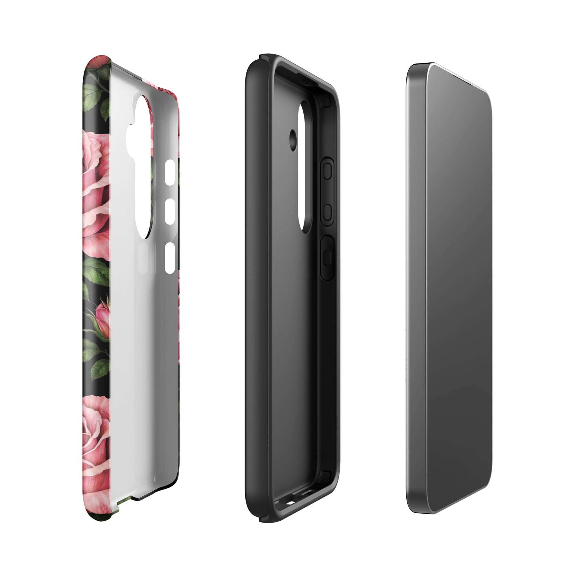 Phone Case for Samsung Galaxy featuring pink rose garden design on a black background, showing durability and style in a tough case.
