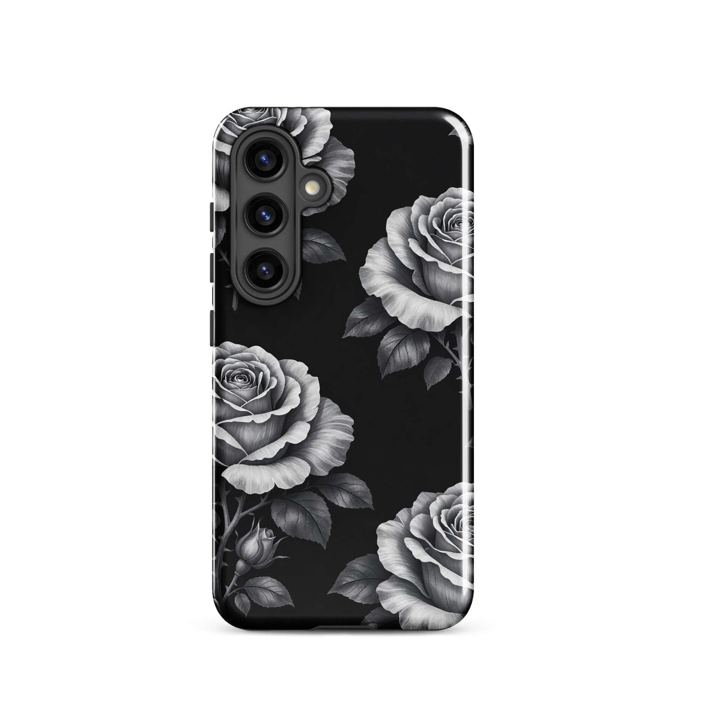 Phone Case for Samsung Galaxy with rose garden design, featuring hand-sketched roses and leaves on a black background.
