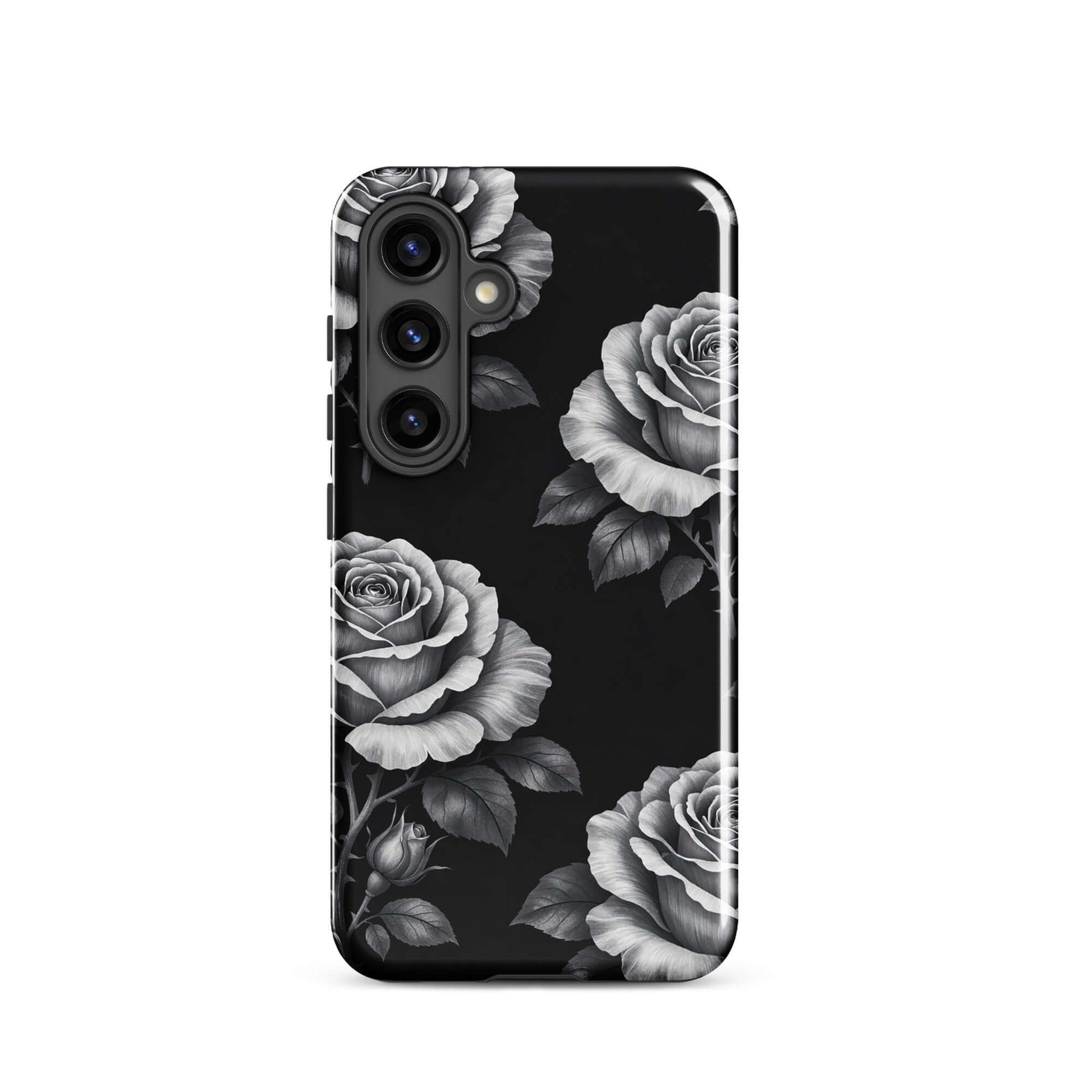 Phone Case for Samsung Galaxy with rose garden design, featuring hand-sketched roses and leaves on a black background.