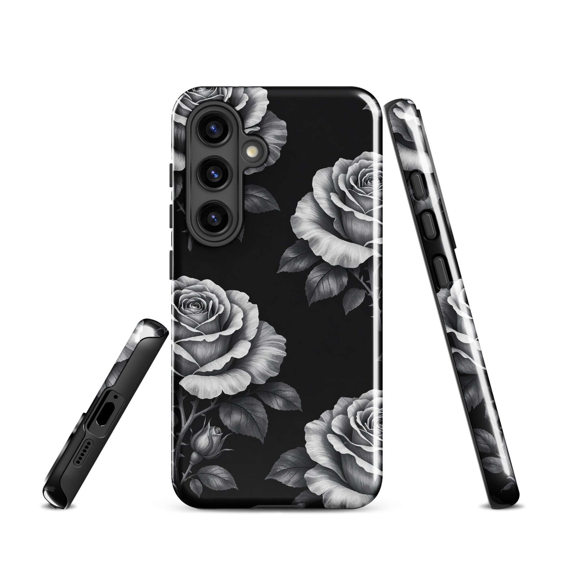 Phone Case for Samsung Galaxy featuring rose garden design on a black background, highlighting hand-sketched roses and leaves.