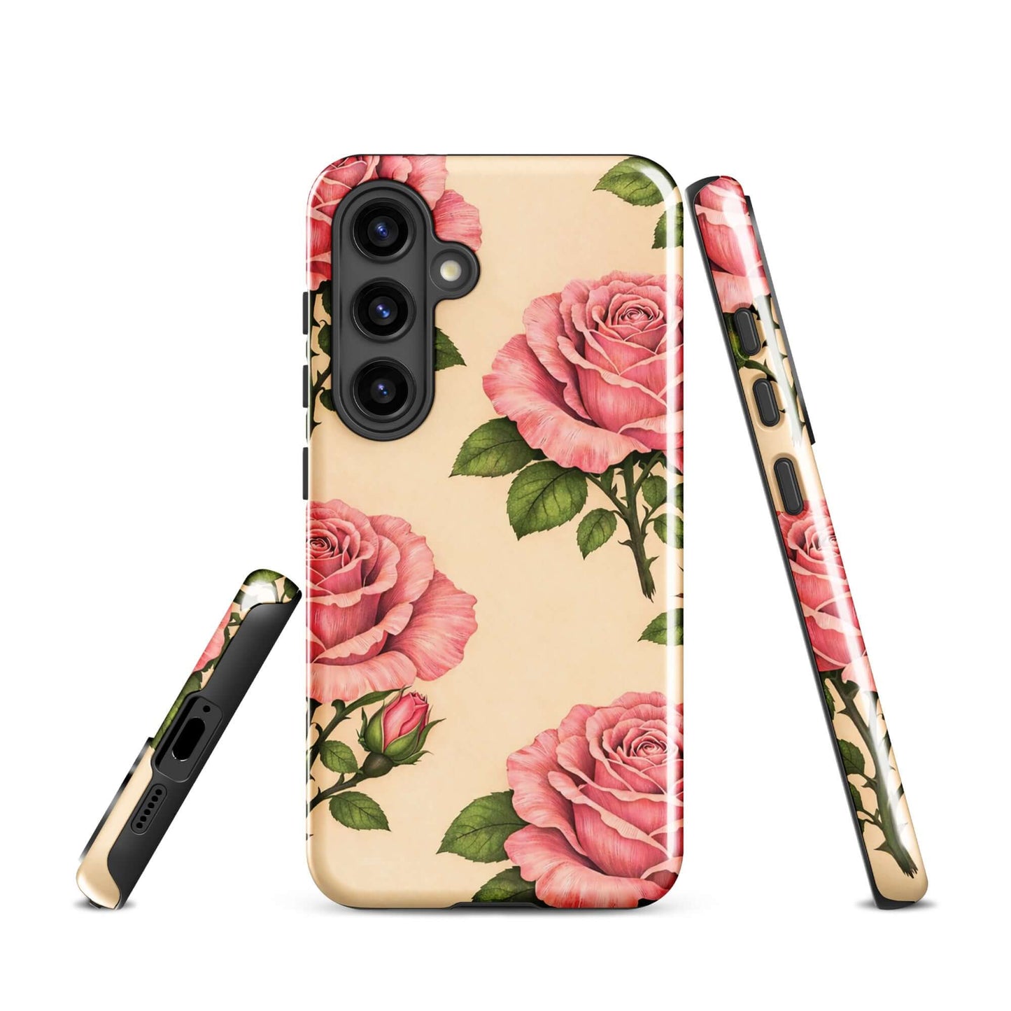 Phone Case for Samsung Galaxy with pink roses on warm cream background, elegant floral design with protective features.