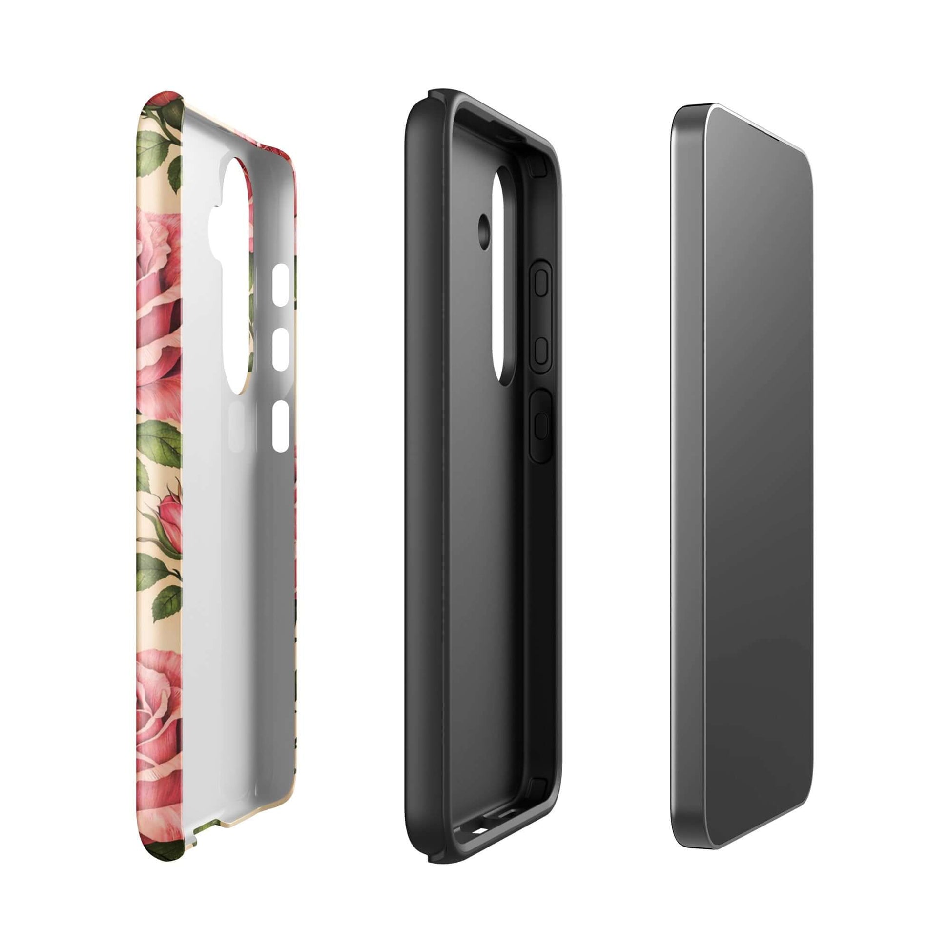Phone Case for Samsung Galaxy with pink rose design on warm cream, featuring floral beauty and durable protection.