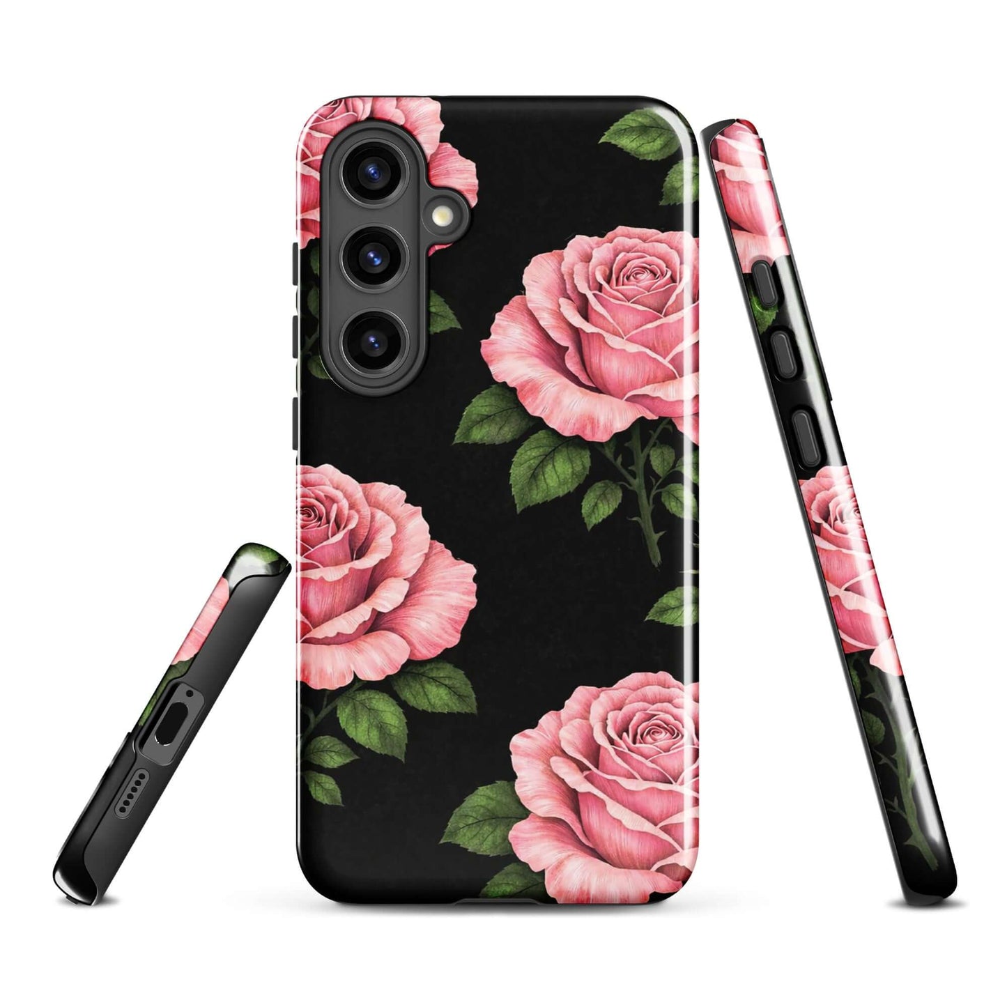 Phone Case for Samsung Galaxy with pink rose garden design on black background, featuring elegant floral pattern with pencil-stencil style.