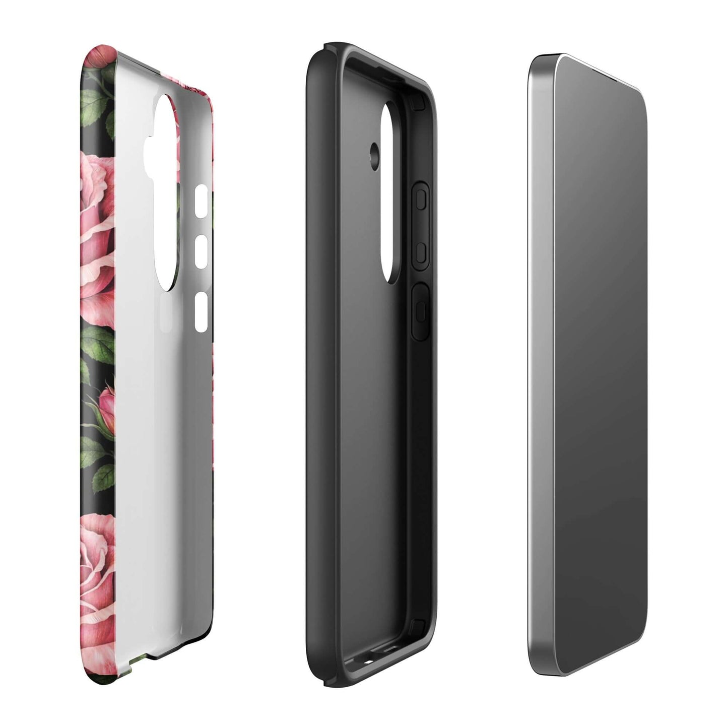 Phone Case for Samsung Galaxy with pink rose garden design, featuring soft pink roses and lush green leaves on a black background.