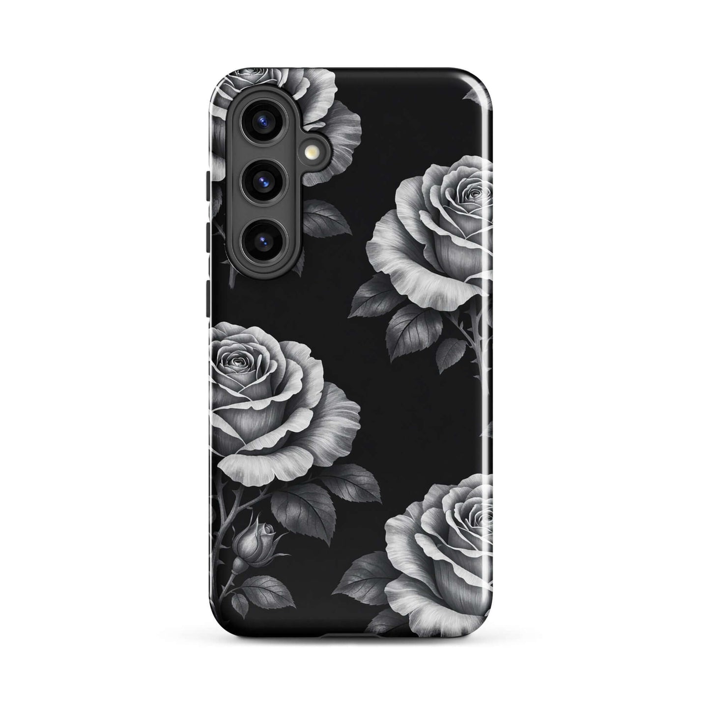 Phone Case for Samsung Galaxy featuring hand-sketched rose garden design on a black background, offering floral charm and protection.